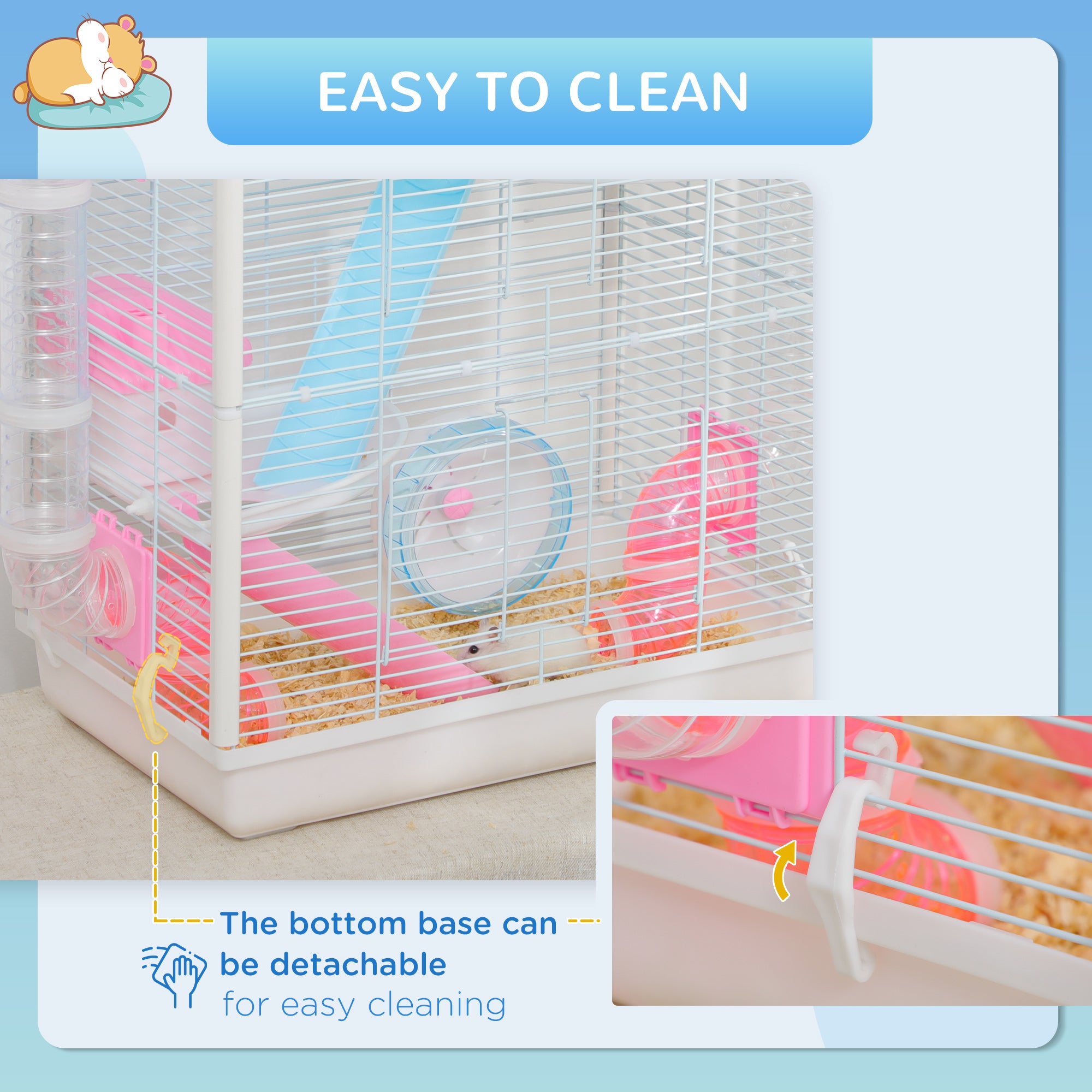 PawHut Hamster Cage, Gerbil Cage w/ Tunnel Tubes, Detachable Bottom, Ramps, Jumping Platforms, Hut, Exercise Wheel, Water Bottle, Food Bowl, for Small Rodents, 47 x 29.5 x 53cm