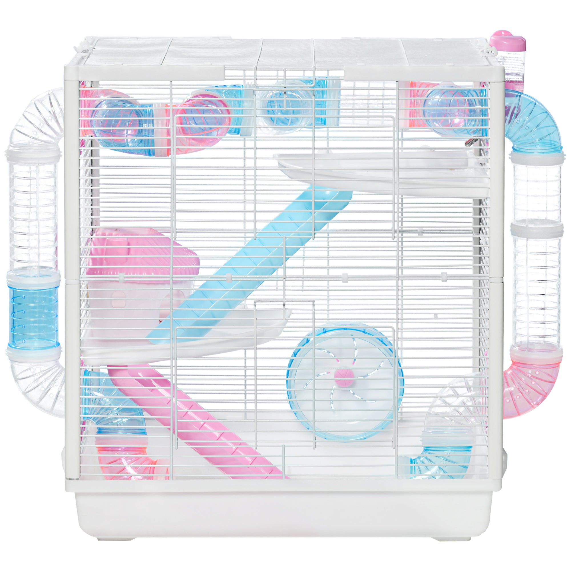 PawHut Hamster Cage, Gerbil Cage w/ Tunnel Tubes, Detachable Bottom, Ramps, Jumping Platforms, Hut, Exercise Wheel, Water Bottle, Food Bowl, for Small Rodents, 47 x 29.5 x 53cm