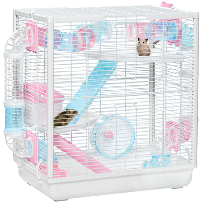 PawHut Hamster Cage, Gerbil Cage w/ Tunnel Tubes, Detachable Bottom, Ramps, Jumping Platforms, Hut, Exercise Wheel, Water Bottle, Food Bowl, for Small Rodents, 47 x 29.5 x 53cm