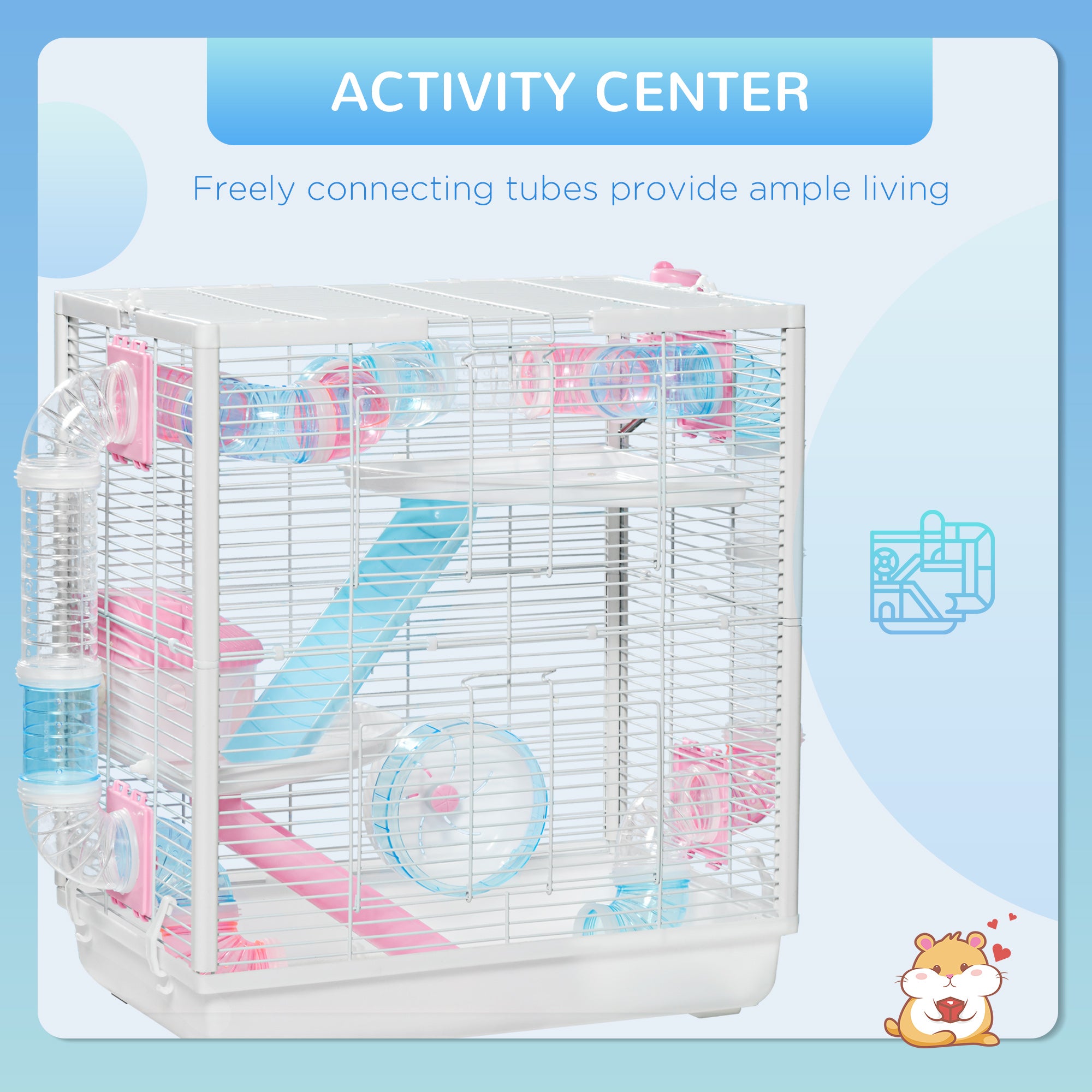 PawHut Hamster Cage, Gerbil Cage w/ Tunnel Tubes, Detachable Bottom, Ramps, Jumping Platforms, Hut, Exercise Wheel, Water Bottle, Food Bowl, for Small Rodents, 47 x 29.5 x 53cm