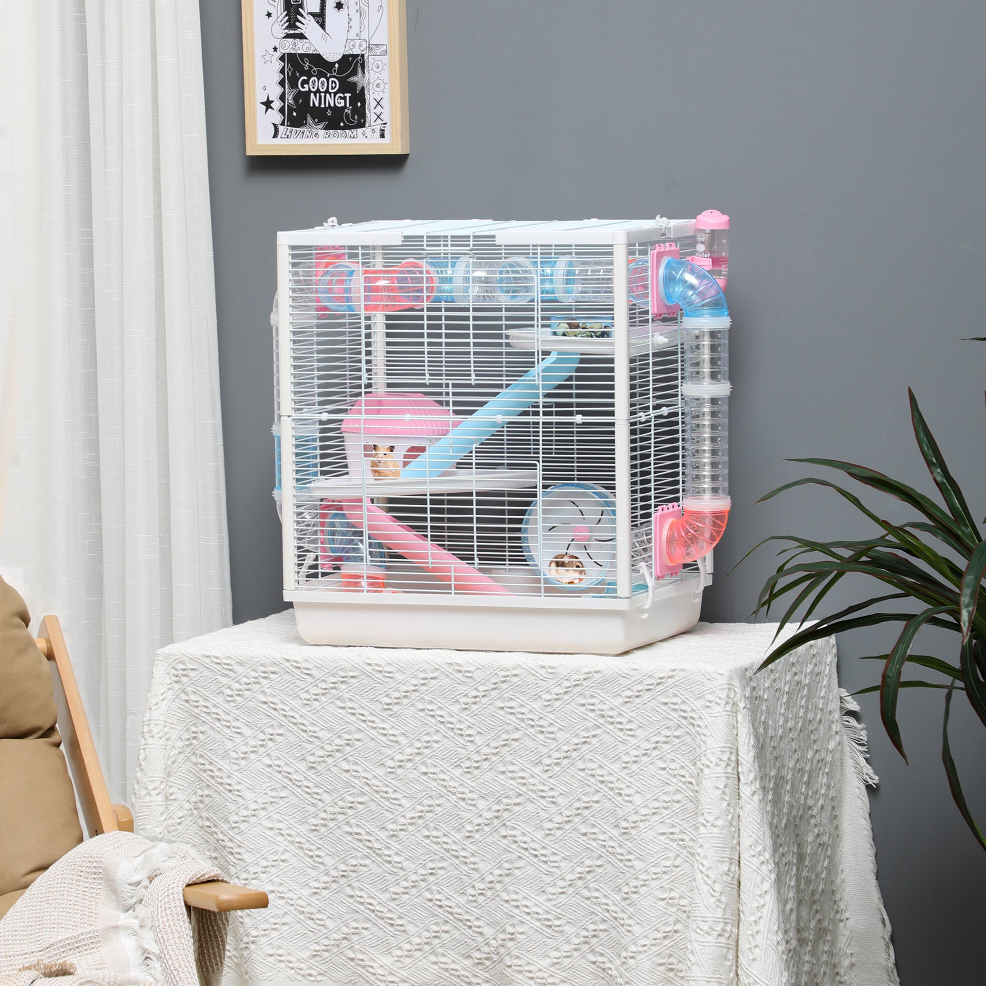 PawHut Hamster Cage, Gerbil Cage w/ Tunnel Tubes, Detachable Bottom, Ramps, Jumping Platforms, Hut, Exercise Wheel, Water Bottle, Food Bowl, for Small Rodents, 47 x 29.5 x 53cm