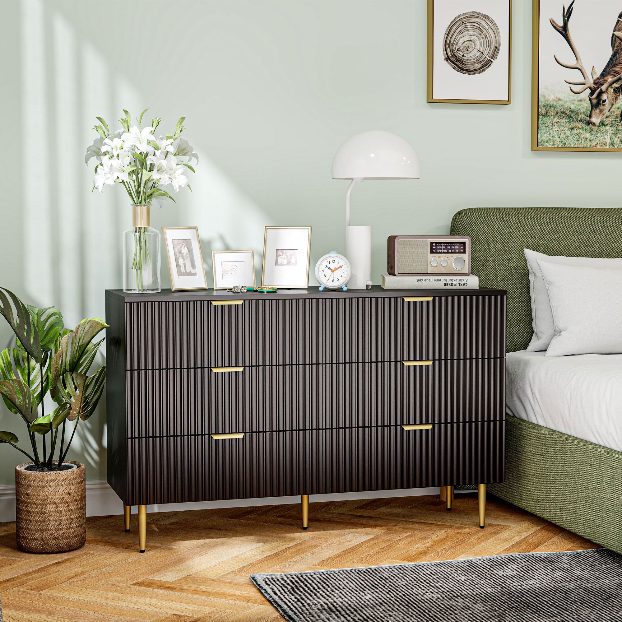 HOMCOM Modern 6 Drawer Dresser for Bedroom, Chest of Drawers with Luxury Gold Handles and Legs, Storage Drawers, Black