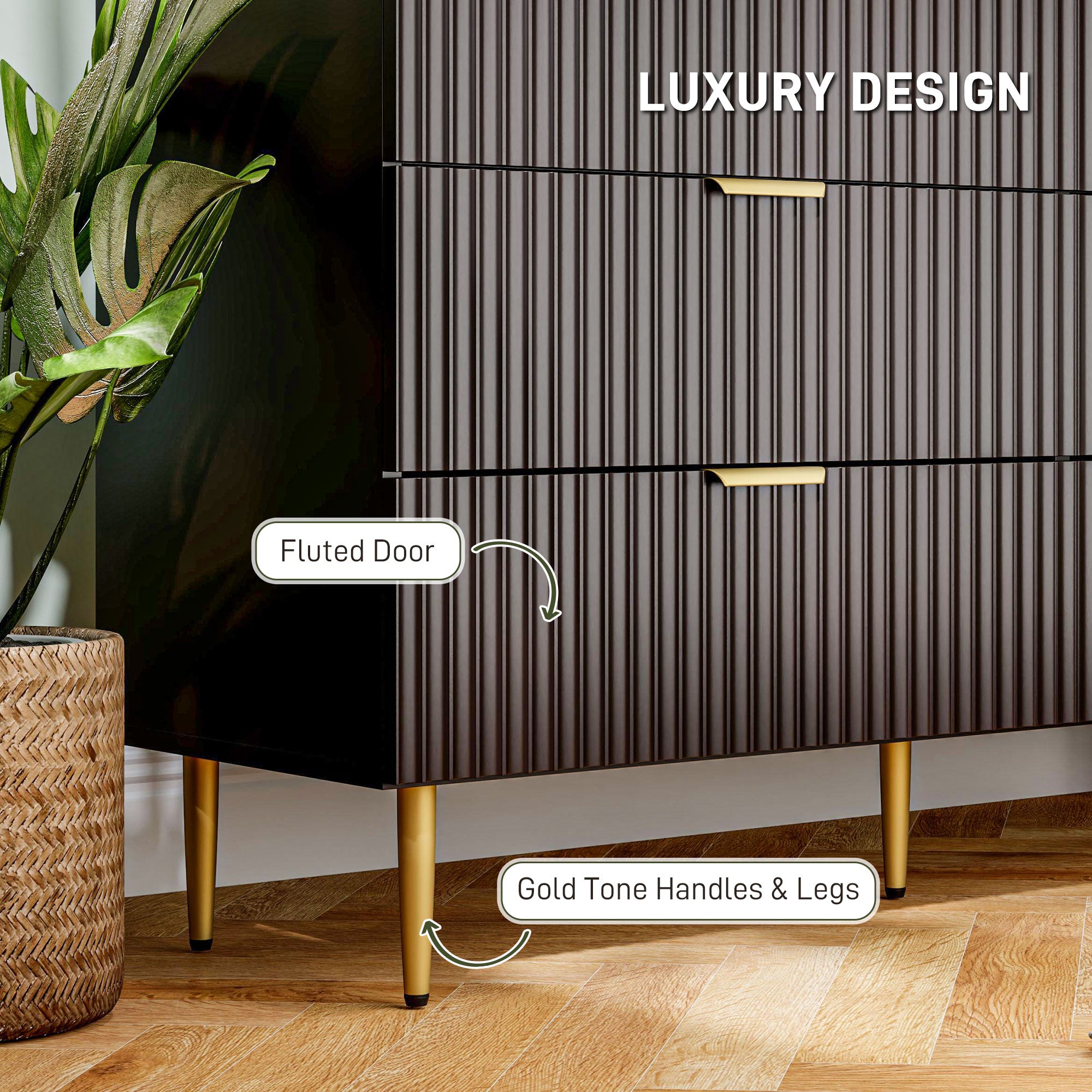 HOMCOM Modern 6 Drawer Dresser for Bedroom, Chest of Drawers with Luxury Gold Handles and Legs, Storage Drawers, Black