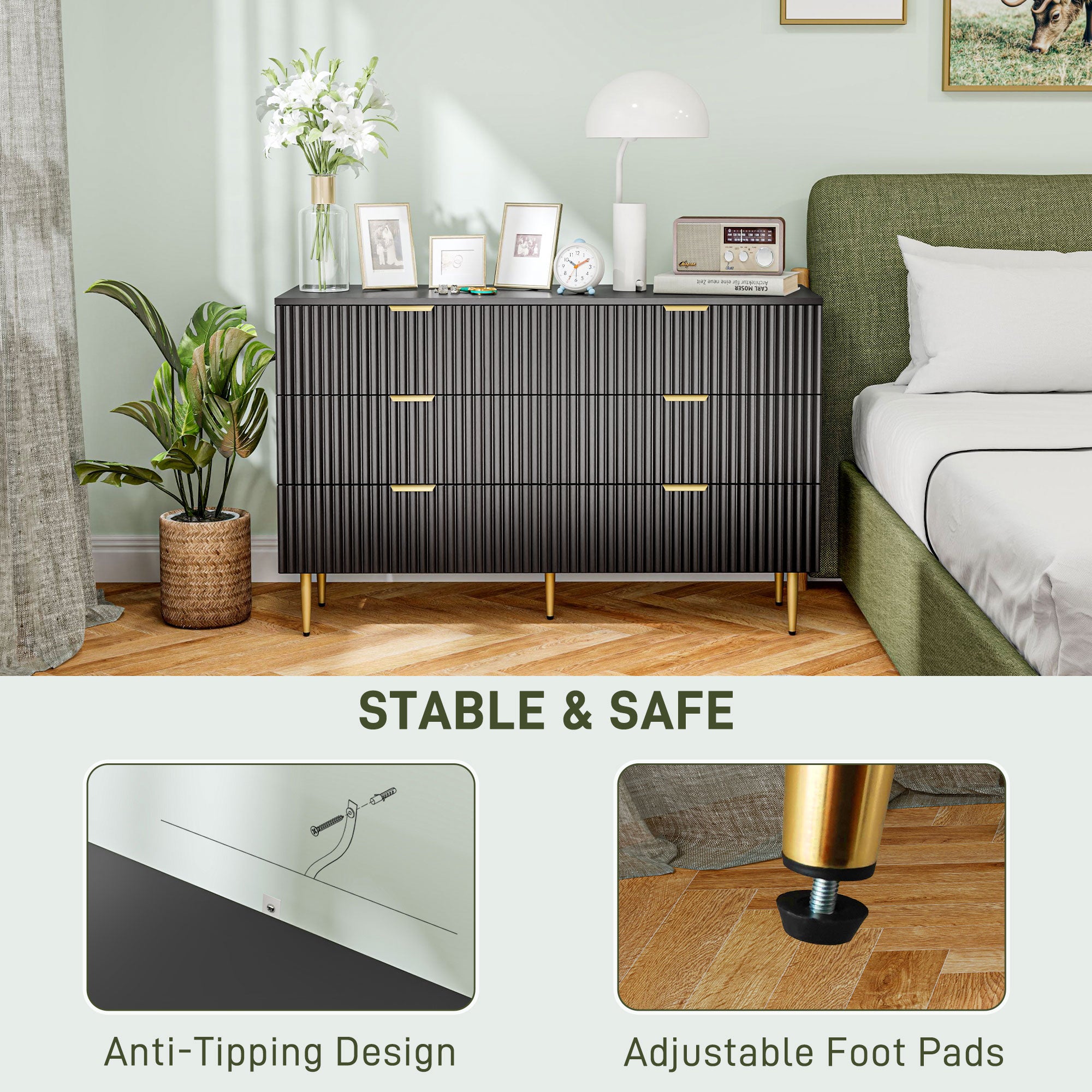 HOMCOM Modern 6 Drawer Dresser for Bedroom, Chest of Drawers with Luxury Gold Handles and Legs, Storage Drawers, Black