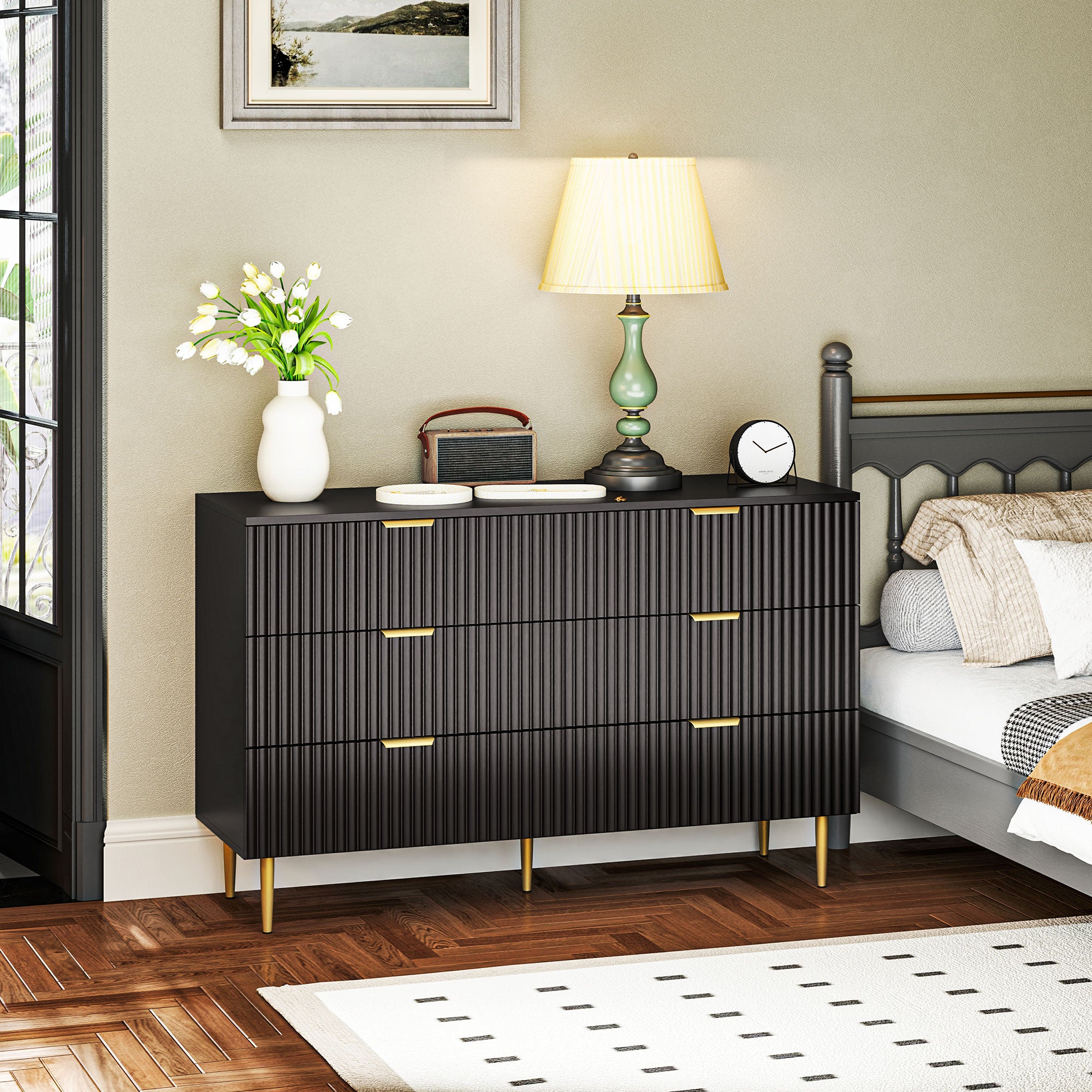 HOMCOM Modern 6 Drawer Dresser for Bedroom, Chest of Drawers with Luxury Gold Handles and Legs, Storage Drawers, Black
