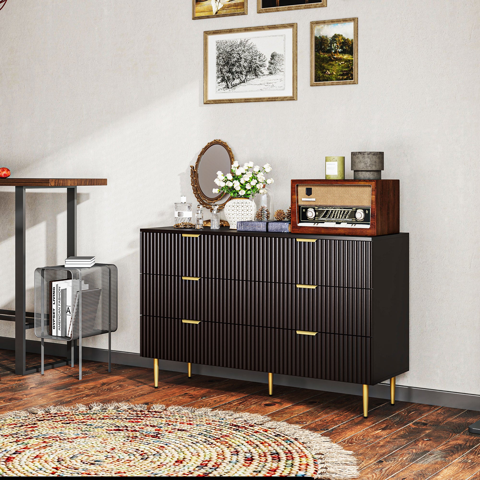 HOMCOM Modern 6 Drawer Dresser for Bedroom, Chest of Drawers with Luxury Gold Handles and Legs, Storage Drawers, Black
