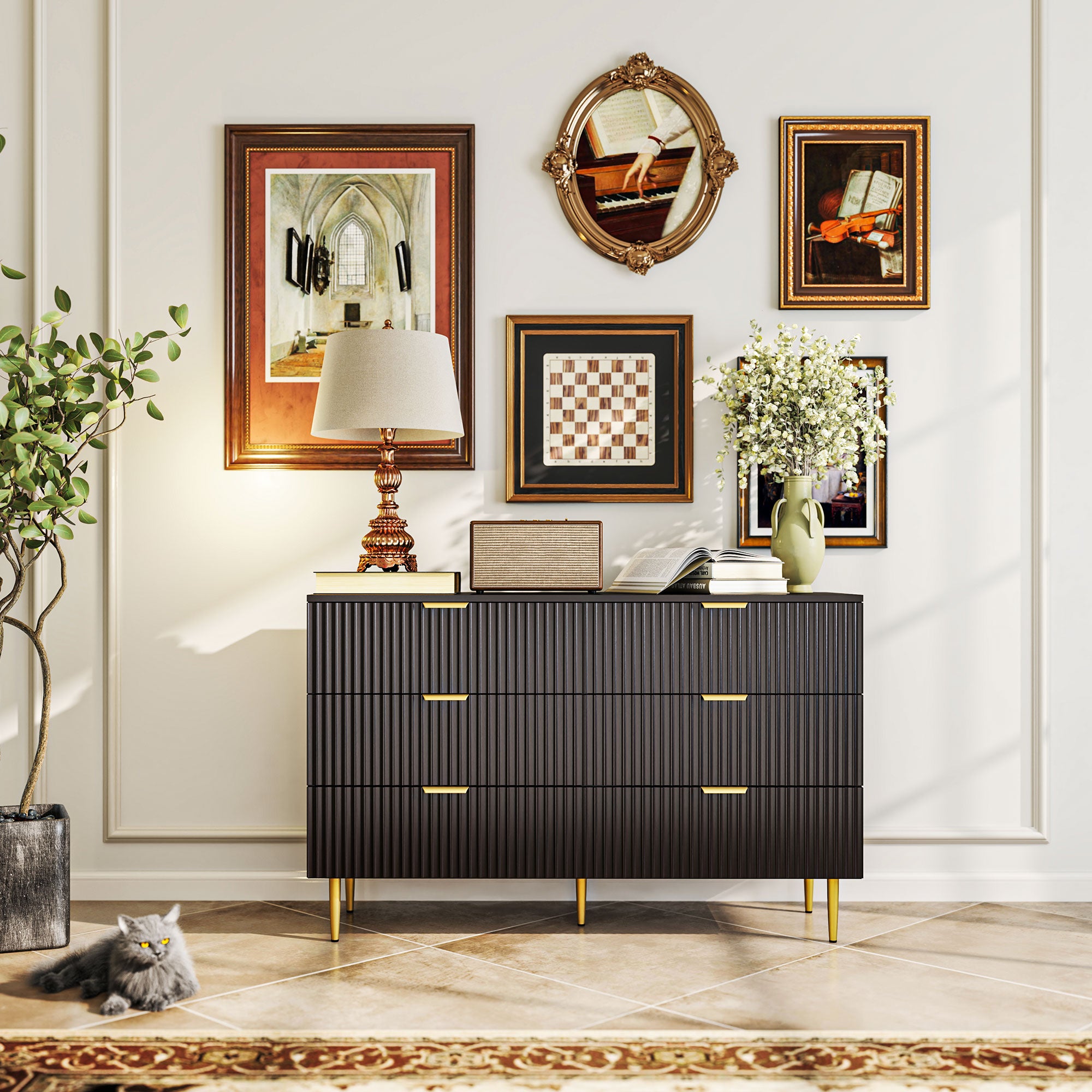 HOMCOM Modern 6 Drawer Dresser for Bedroom, Chest of Drawers with Luxury Gold Handles and Legs, Storage Drawers, Black