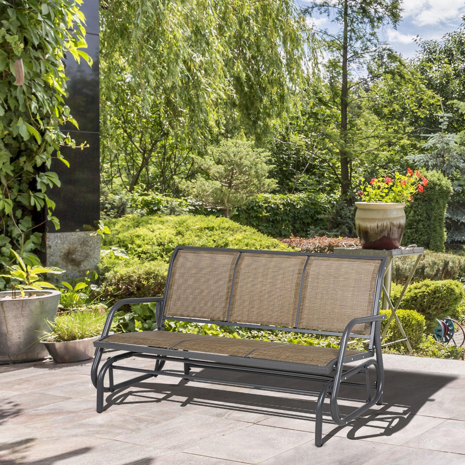 Outsunny 3-Seat Outdoor Glider Chair, Patio Glider Outdoor Rocking Chair with Steel Frame, Sling Fabric Seat for Garden, Backyard, Lawn, Light Mixed Brown
