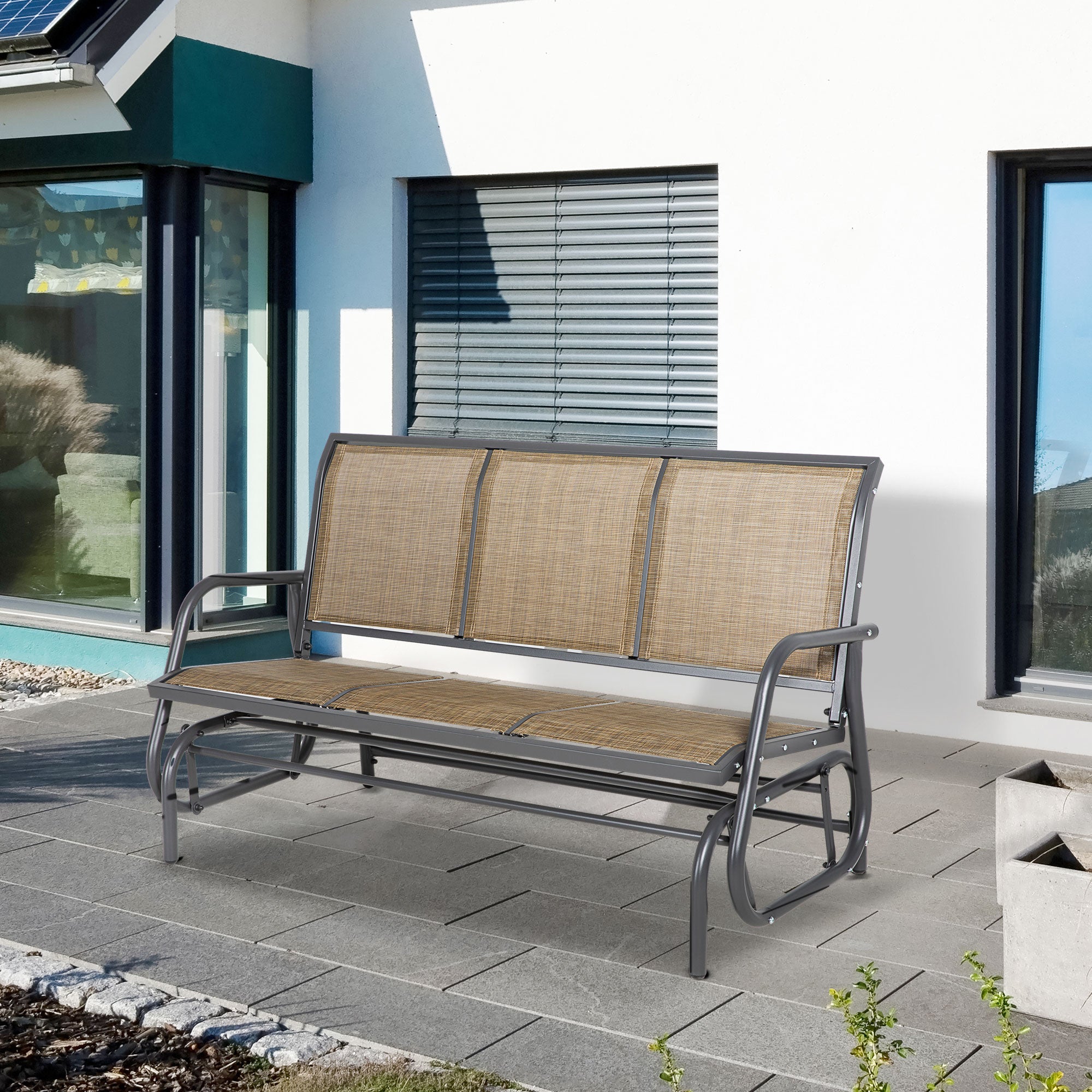 Outsunny 3-Seat Outdoor Glider Chair, Patio Glider Outdoor Rocking Chair with Steel Frame, Sling Fabric Seat for Garden, Backyard, Lawn, Light Mixed Brown