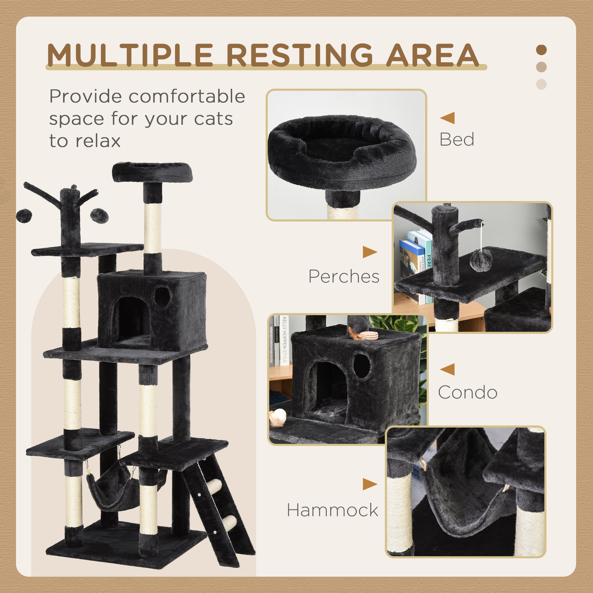 PawHut 155cm Plush Cat Tree for Indoor Cats Activity Center Sisal Scratching Post Basket Hammock Perch Condo Dark Grey