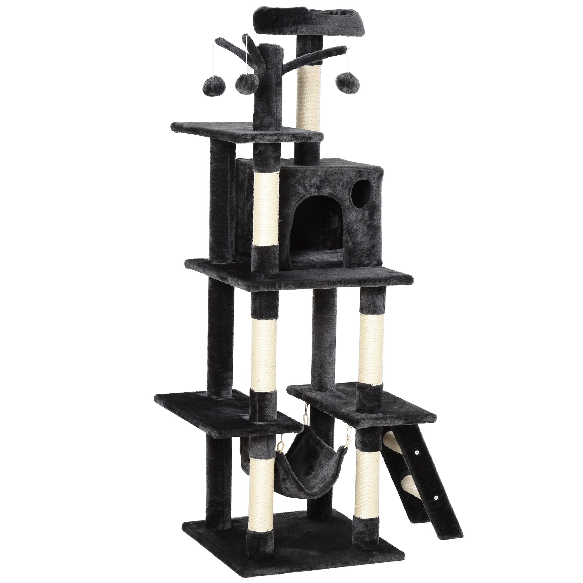 PawHut 155cm Plush Cat Tree for Indoor Cats Activity Center Sisal Scratching Post Basket Hammock Perch Condo Dark Grey
