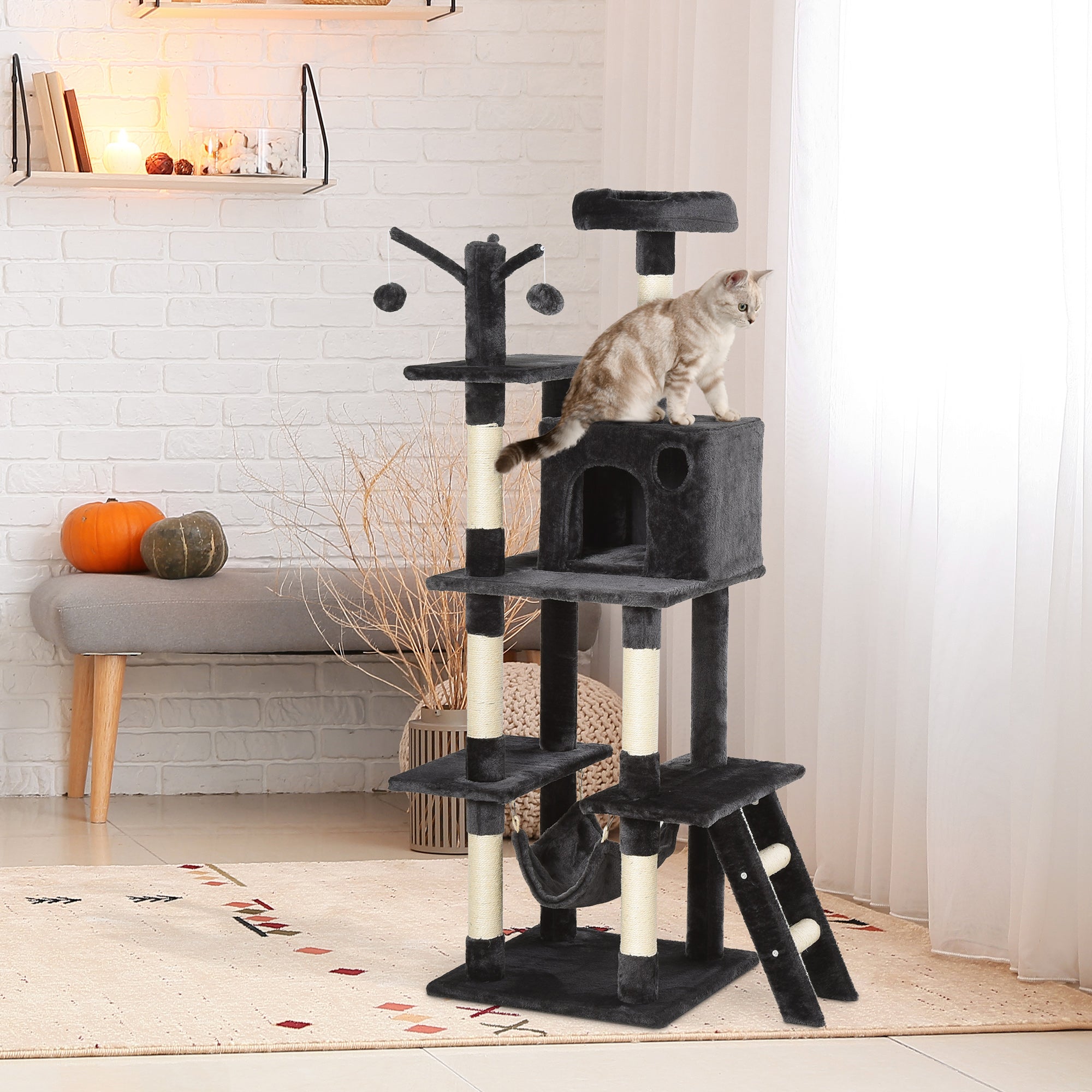 PawHut 155cm Plush Cat Tree for Indoor Cats Activity Center Sisal Scratching Post Basket Hammock Perch Condo Dark Grey