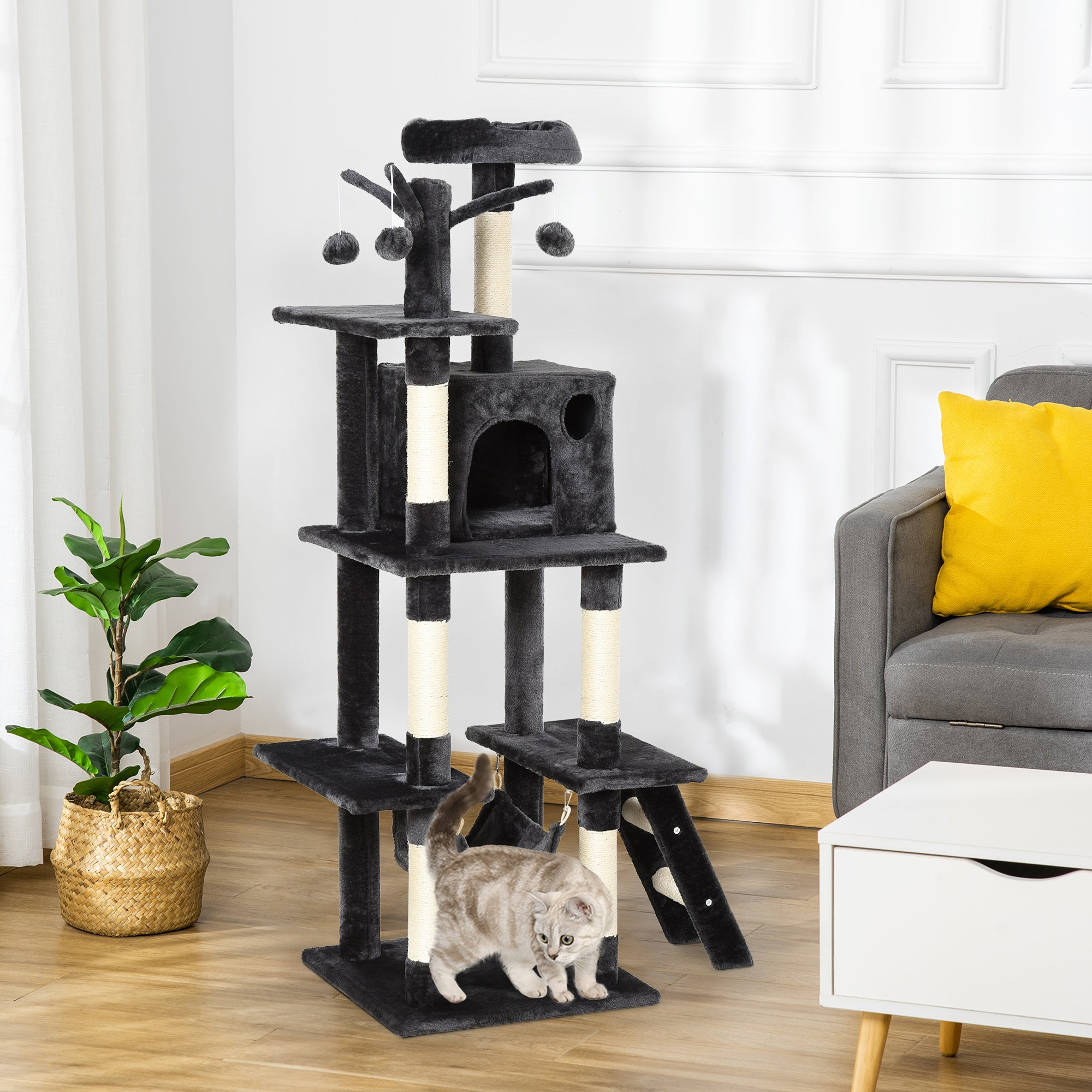 PawHut 155cm Plush Cat Tree for Indoor Cats Activity Center Sisal Scratching Post Basket Hammock Perch Condo Dark Grey