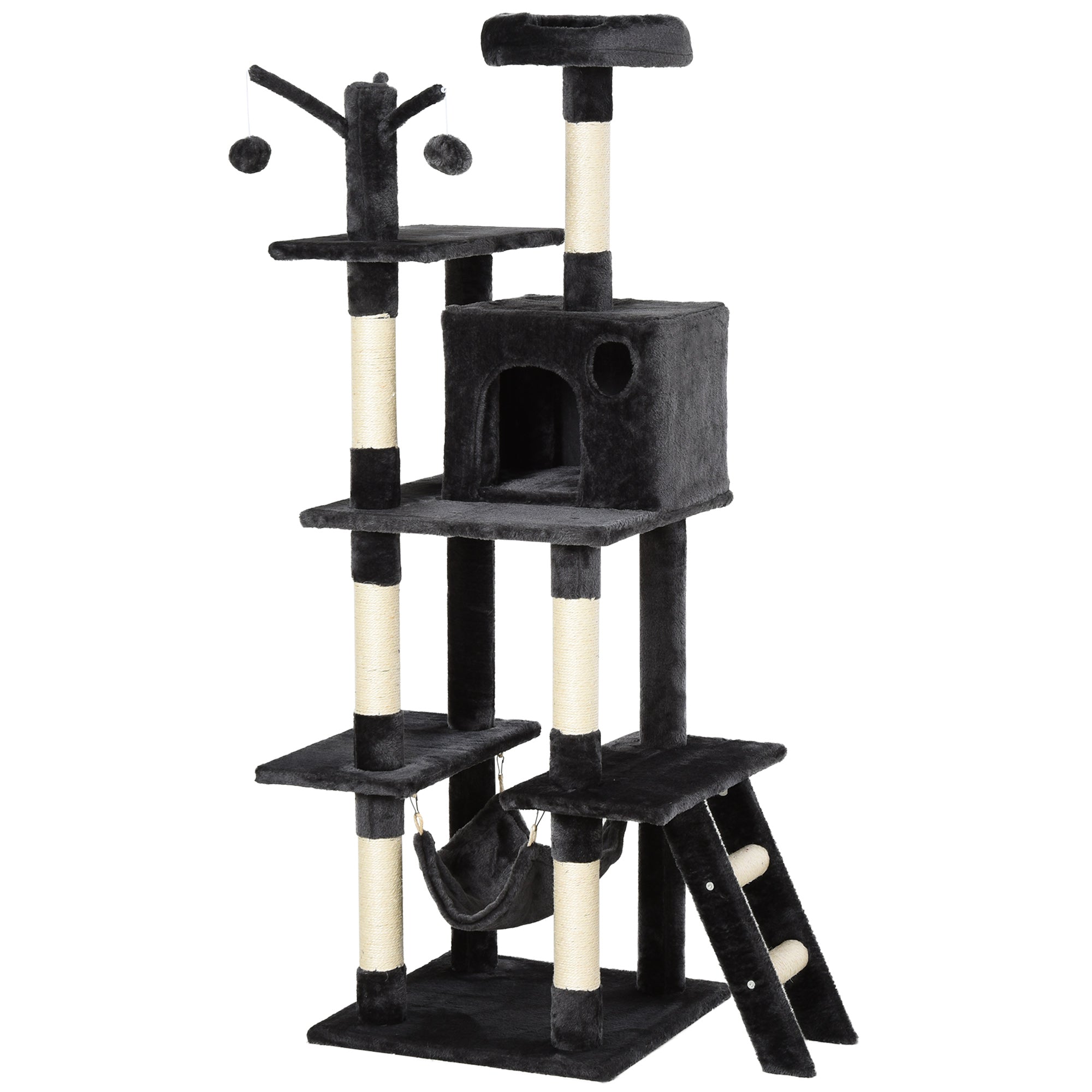 PawHut 155cm Plush Cat Tree for Indoor Cats Activity Center Sisal Scratching Post Basket Hammock Perch Condo Dark Grey