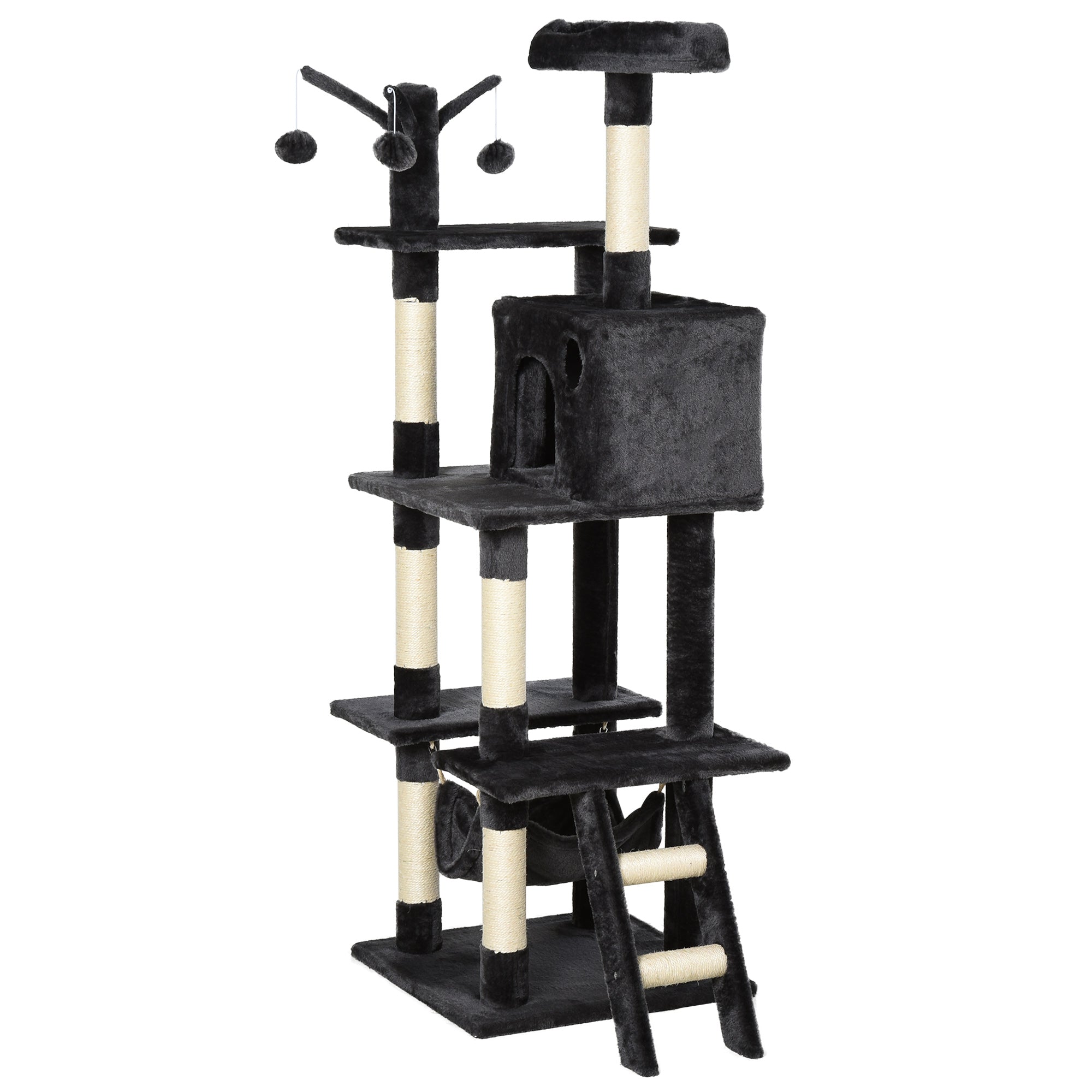 PawHut 155cm Plush Cat Tree for Indoor Cats Activity Center Sisal Scratching Post Basket Hammock Perch Condo Dark Grey