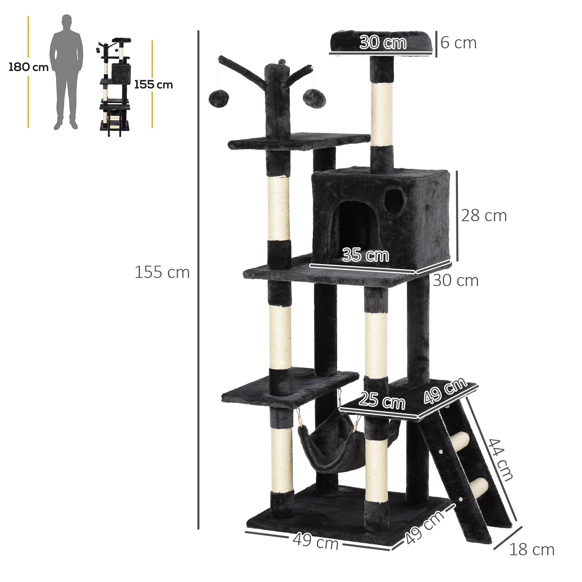 PawHut 155cm Plush Cat Tree for Indoor Cats Activity Center Sisal Scratching Post Basket Hammock Perch Condo Dark Grey