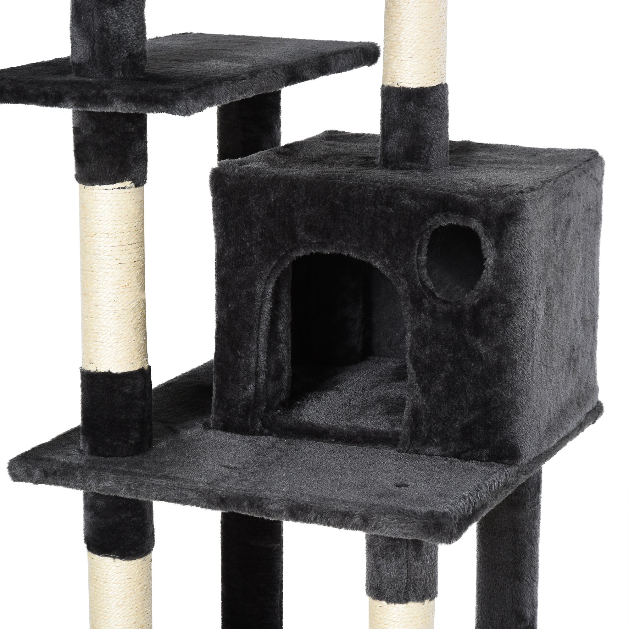 PawHut 155cm Plush Cat Tree for Indoor Cats Activity Center Sisal Scratching Post Basket Hammock Perch Condo Dark Grey