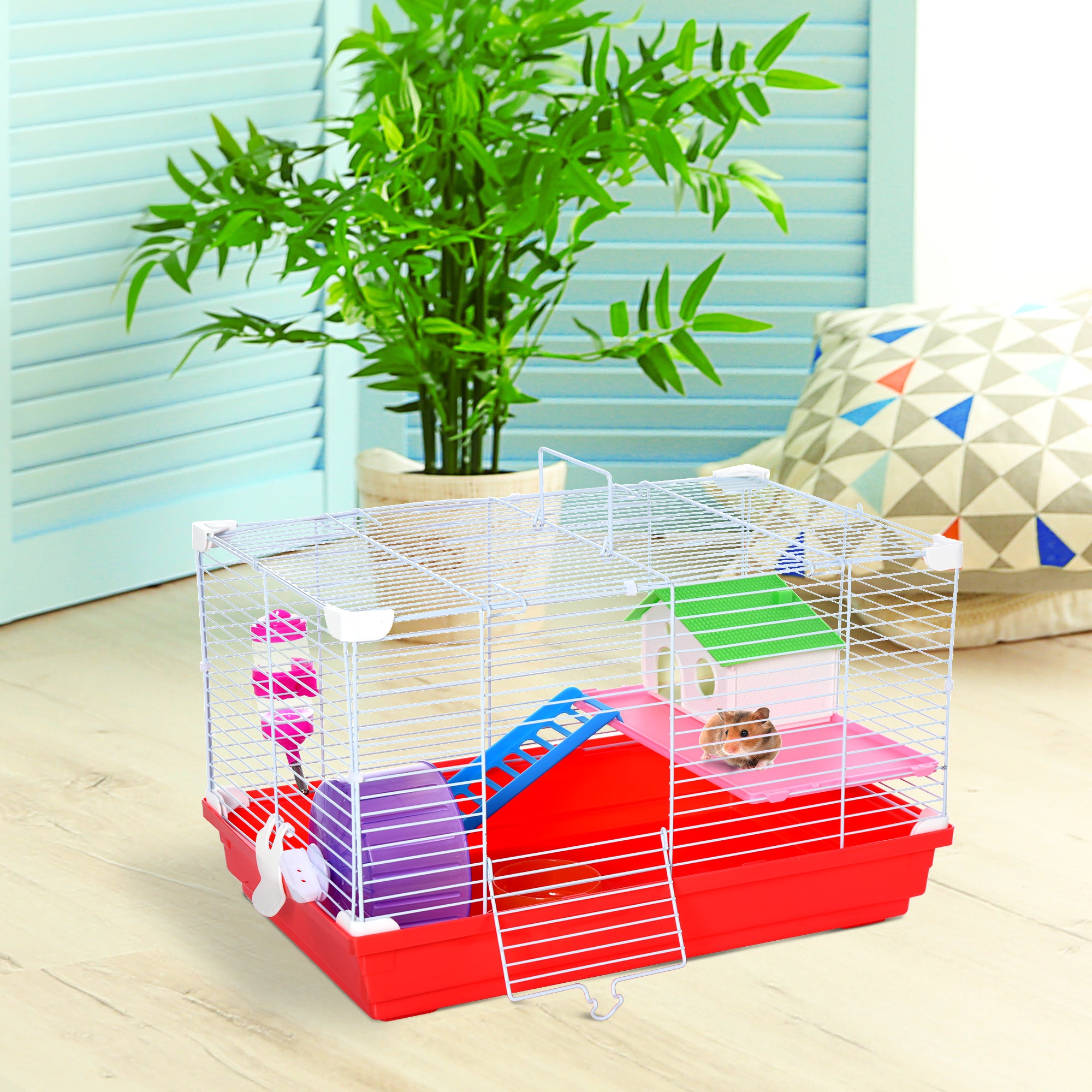 PawHut 18.5'' Hamster Cage with Exercise Wheel and Water Bottle Dishes, Rat House and Habitats 2 Storey Design, Red