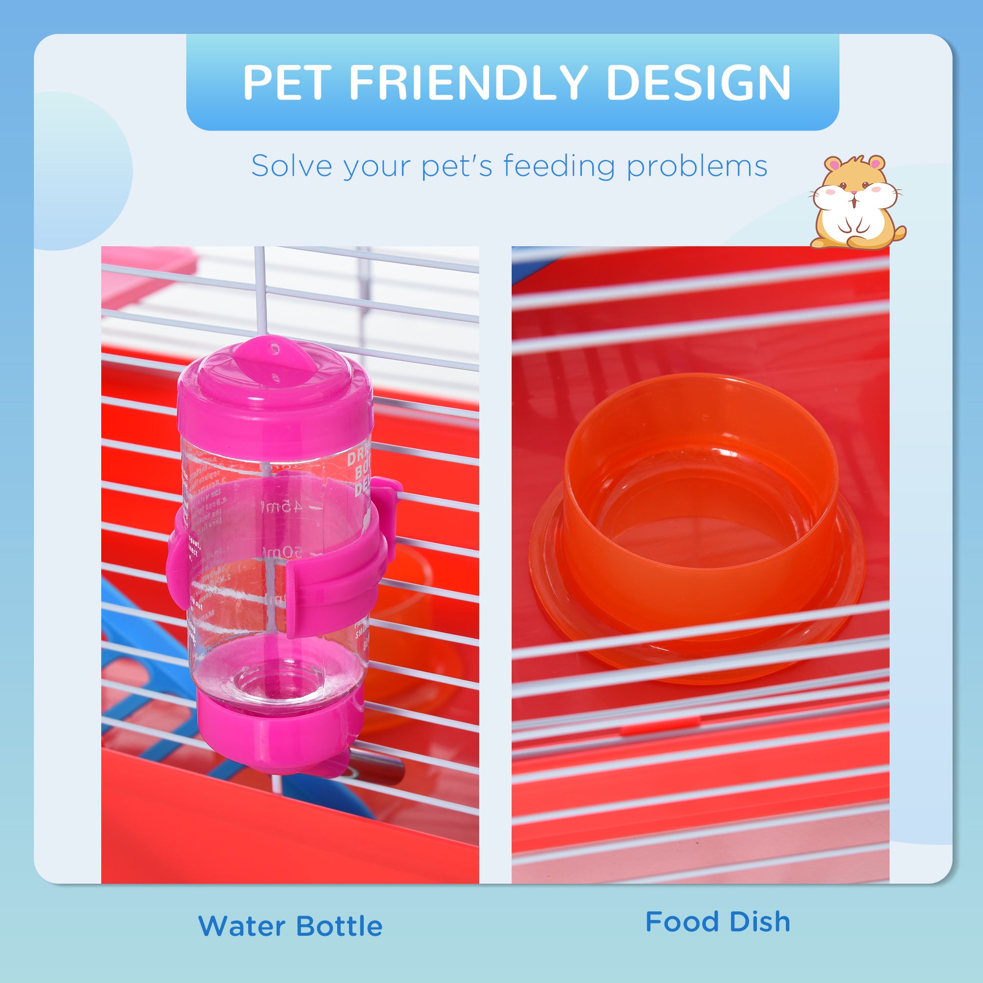 PawHut 18.5'' Hamster Cage with Exercise Wheel and Water Bottle Dishes, Rat House and Habitats 2 Storey Design, Red