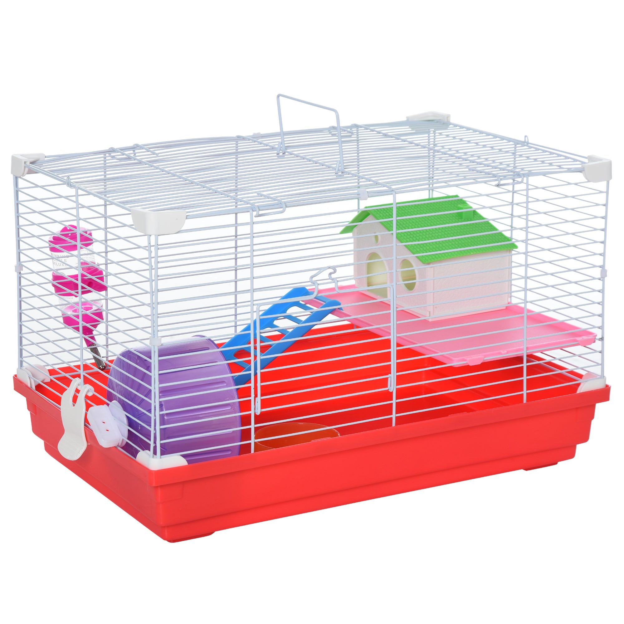PawHut Hamster Cage, Small Gerbil Cage 2 Tiers Portable w/ Handle, Exercise Wheel, Water Bottle, Dishes
