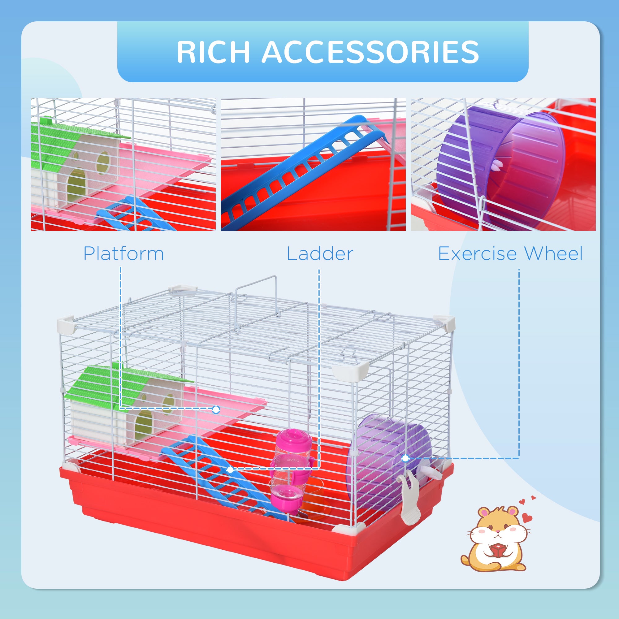 PawHut 18.5'' Hamster Cage with Exercise Wheel and Water Bottle Dishes, Rat House and Habitats 2 Storey Design, Red