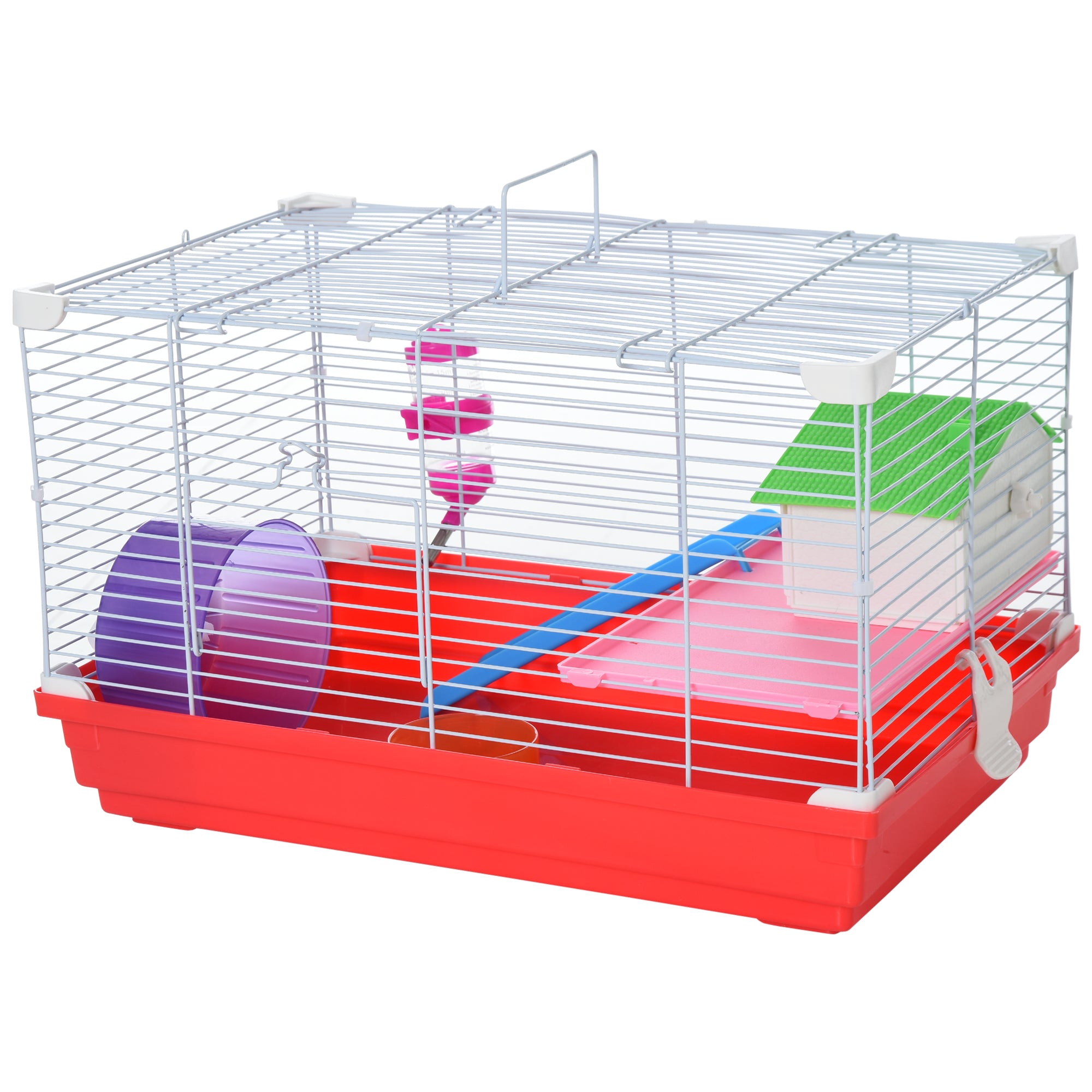 PawHut 18.5'' Hamster Cage with Exercise Wheel and Water Bottle Dishes, Rat House and Habitats 2 Storey Design, Red