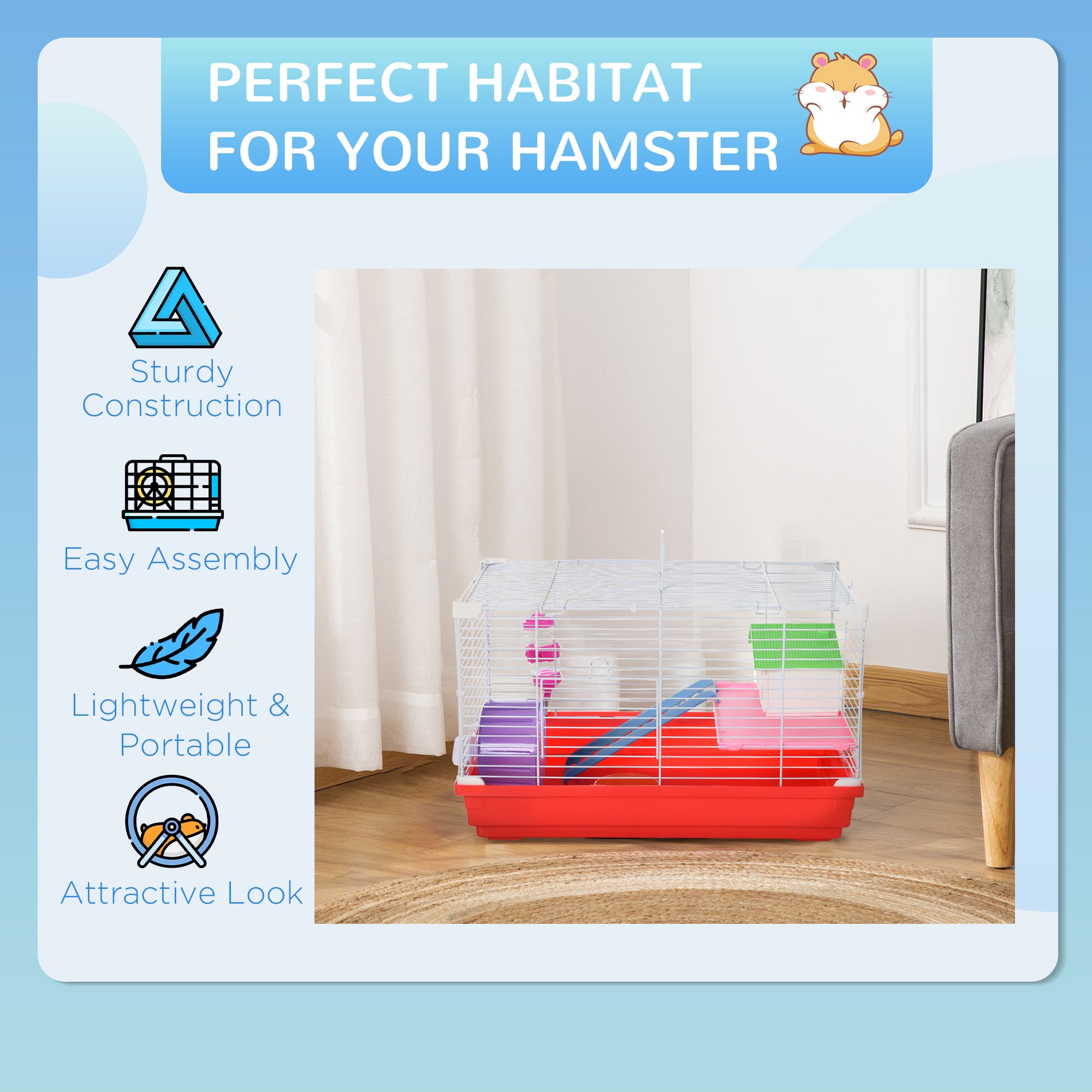 PawHut 18.5'' Hamster Cage with Exercise Wheel and Water Bottle Dishes, Rat House and Habitats 2 Storey Design, Red