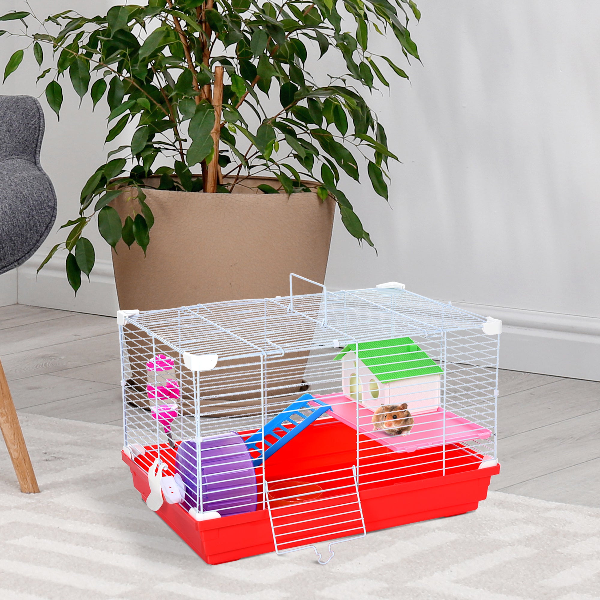 PawHut Hamster Cage, Small Gerbil Cage 2 Tiers Portable w/ Handle, Exercise Wheel, Water Bottle, Dishes