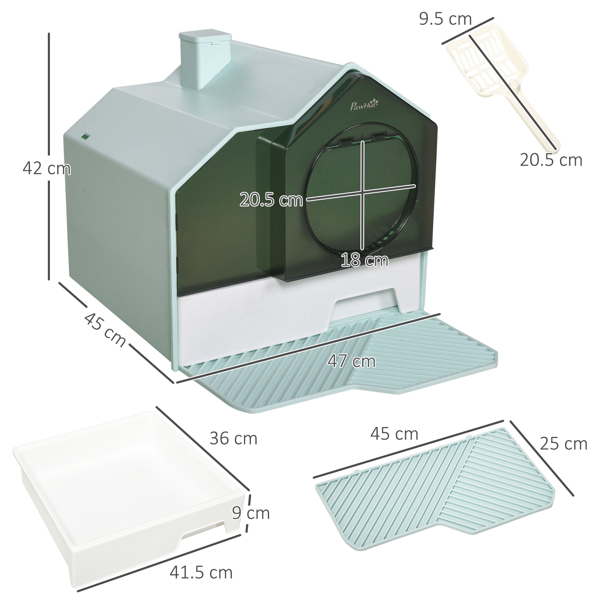 PawHut Hooded Cat Litter Tray with Scoop, Cat Litter Box with Drawer Pan, Handle, Deodorants, Hut Design, Front Entrance, 47 x 45 x 42cm - Light Blue
