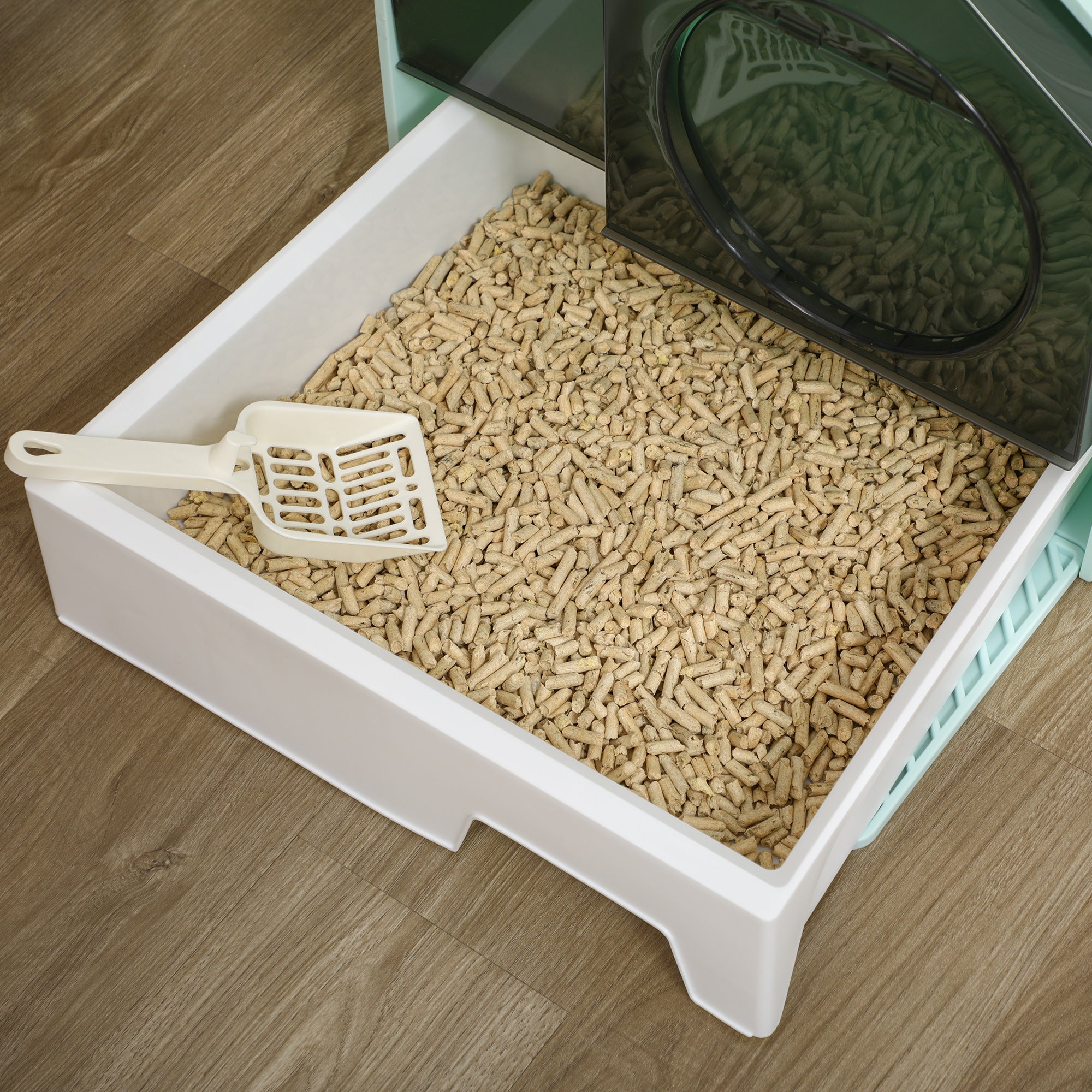 PawHut Hooded Cat Litter Tray with Scoop, Cat Litter Box with Drawer Pan, Handle, Deodorants, Hut Design, Front Entrance, 47 x 45 x 42cm - Light Blue