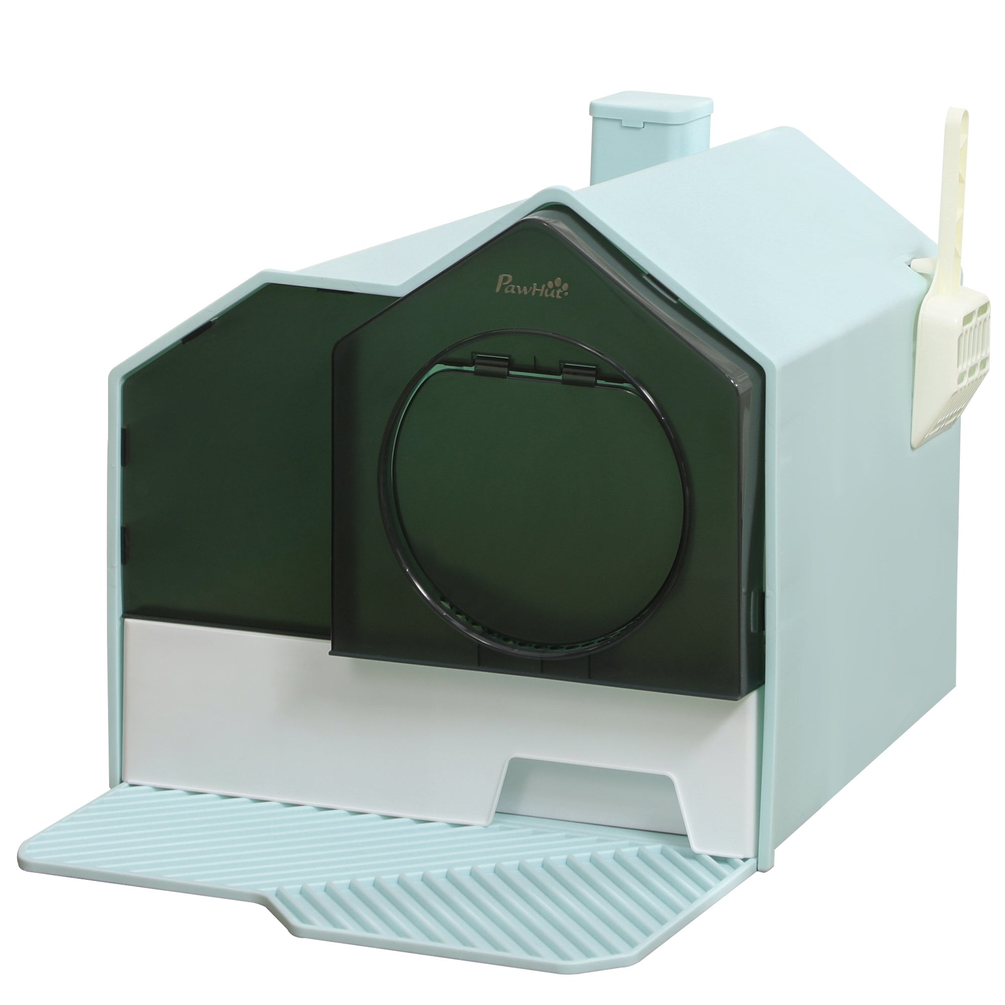 PawHut Hooded Cat Litter Tray with Scoop, Cat Litter Box with Drawer Pan, Handle, Deodorants, Hut Design, Front Entrance, 47 x 45 x 42cm - Light Blue