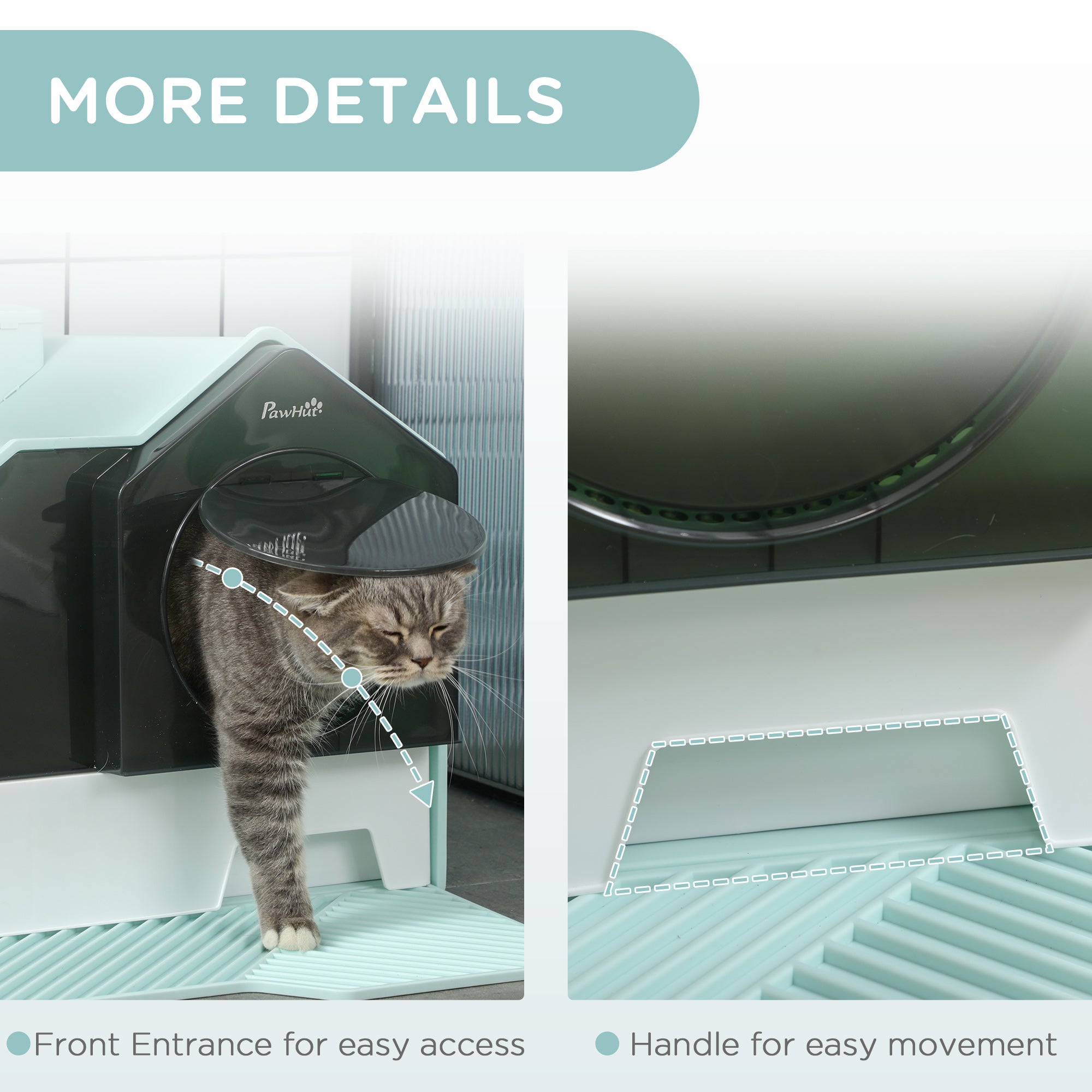 PawHut Hooded Cat Litter Tray with Scoop, Cat Litter Box with Drawer Pan, Handle, Deodorants, Hut Design, Front Entrance, 47 x 45 x 42cm - Light Blue