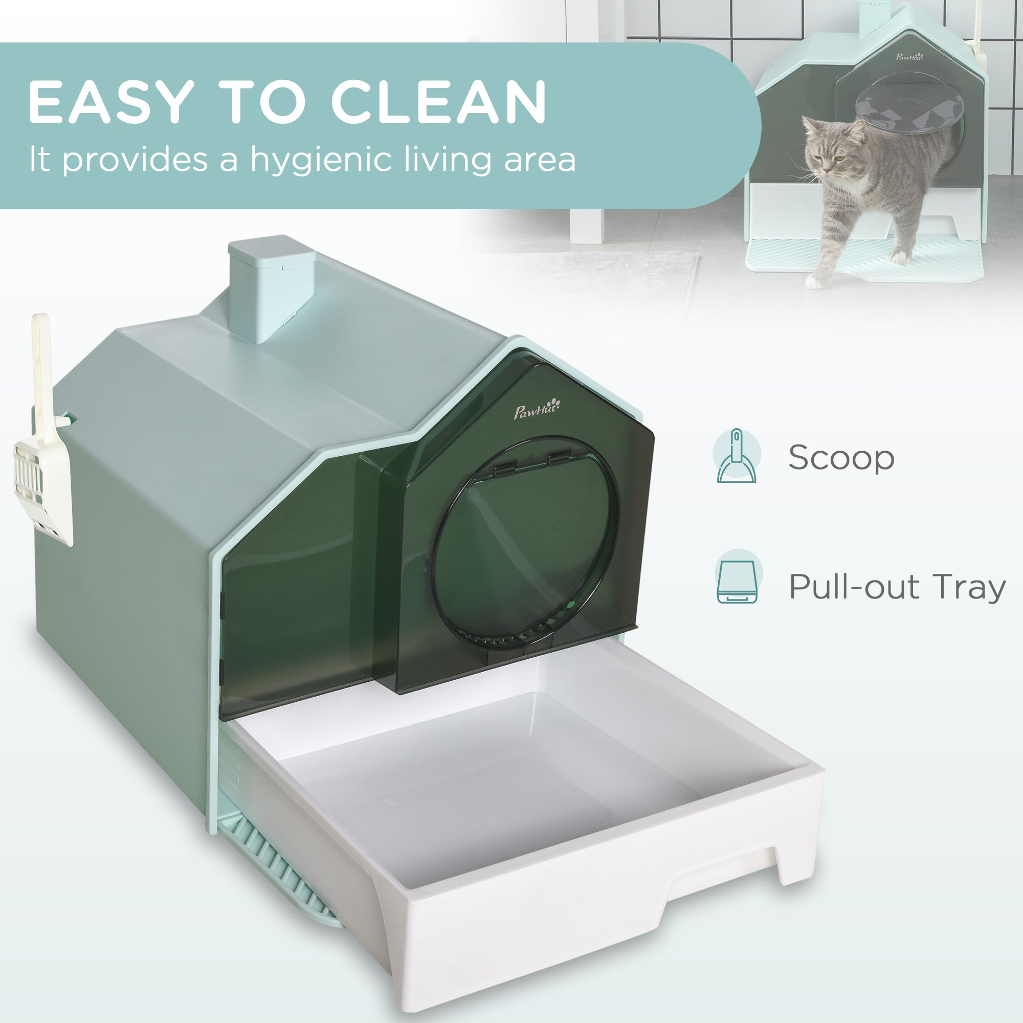 PawHut Hooded Cat Litter Tray with Scoop, Cat Litter Box with Drawer Pan, Handle, Deodorants, Hut Design, Front Entrance, 47 x 45 x 42cm - Light Blue