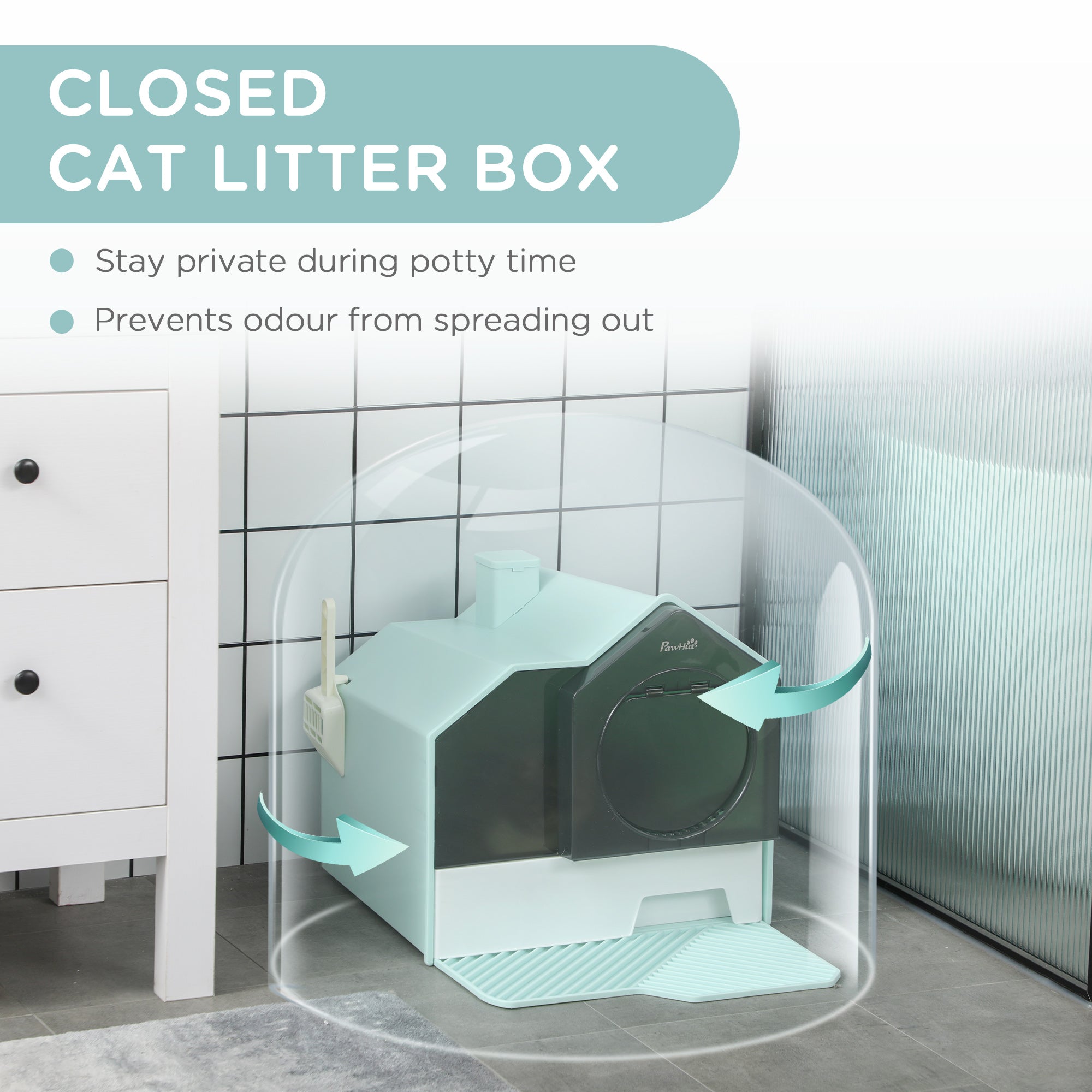 PawHut Hooded Cat Litter Tray with Scoop, Cat Litter Box with Drawer Pan, Handle, Deodorants, Hut Design, Front Entrance, 47 x 45 x 42cm - Light Blue