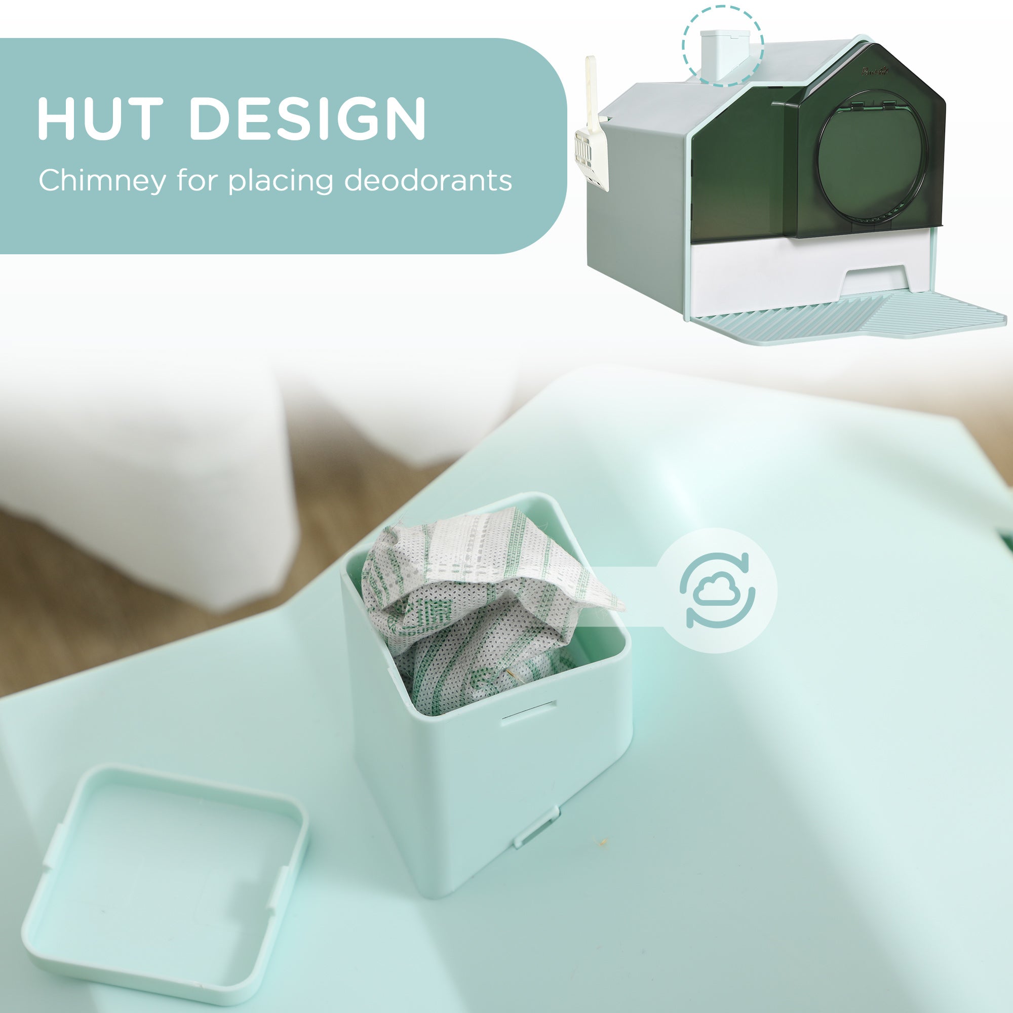 PawHut Hooded Cat Litter Tray with Scoop, Cat Litter Box with Drawer Pan, Handle, Deodorants, Hut Design, Front Entrance, 47 x 45 x 42cm - Light Blue