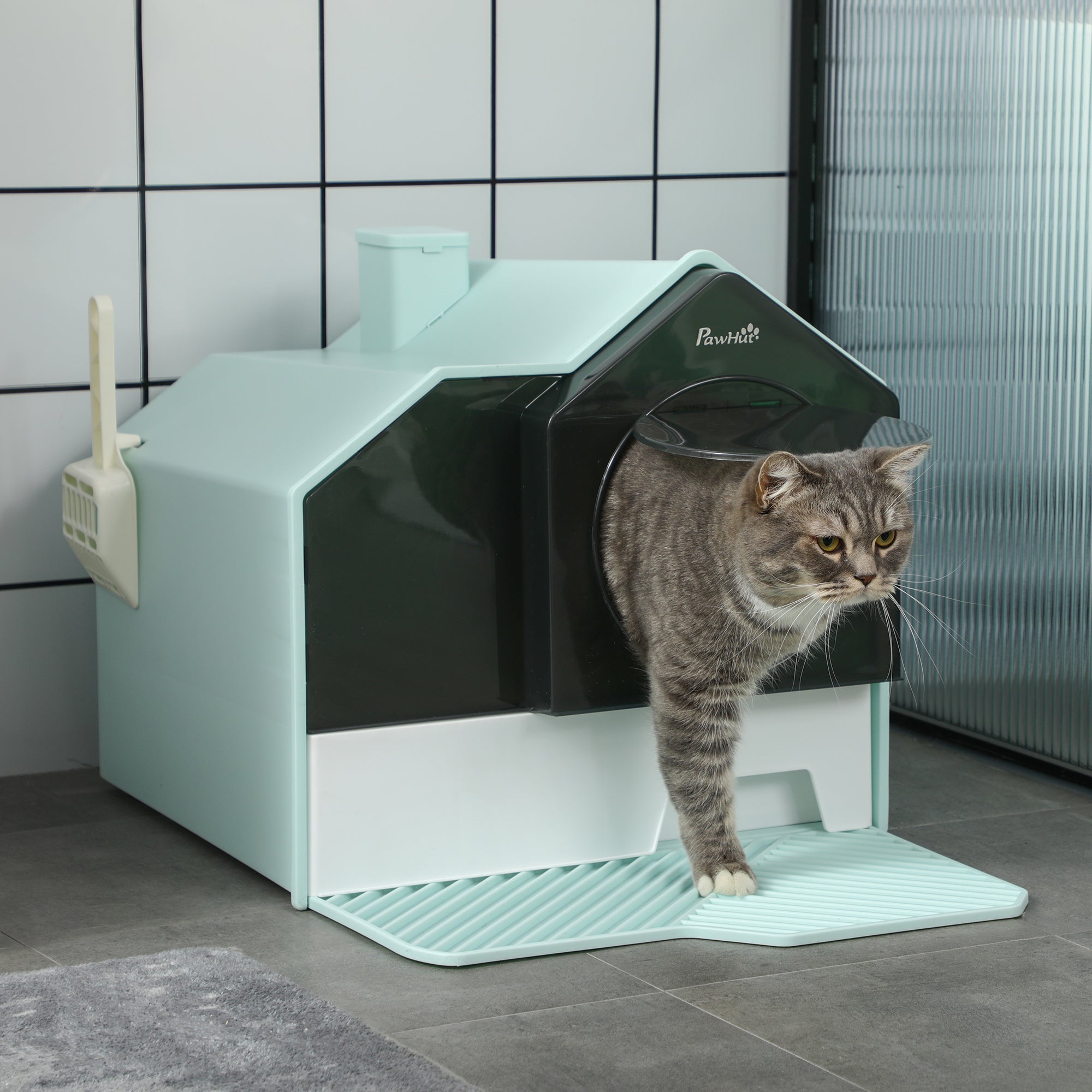 PawHut Hooded Cat Litter Tray with Scoop, Cat Litter Box with Drawer Pan, Handle, Deodorants, Hut Design, Front Entrance, 47 x 45 x 42cm - Light Blue