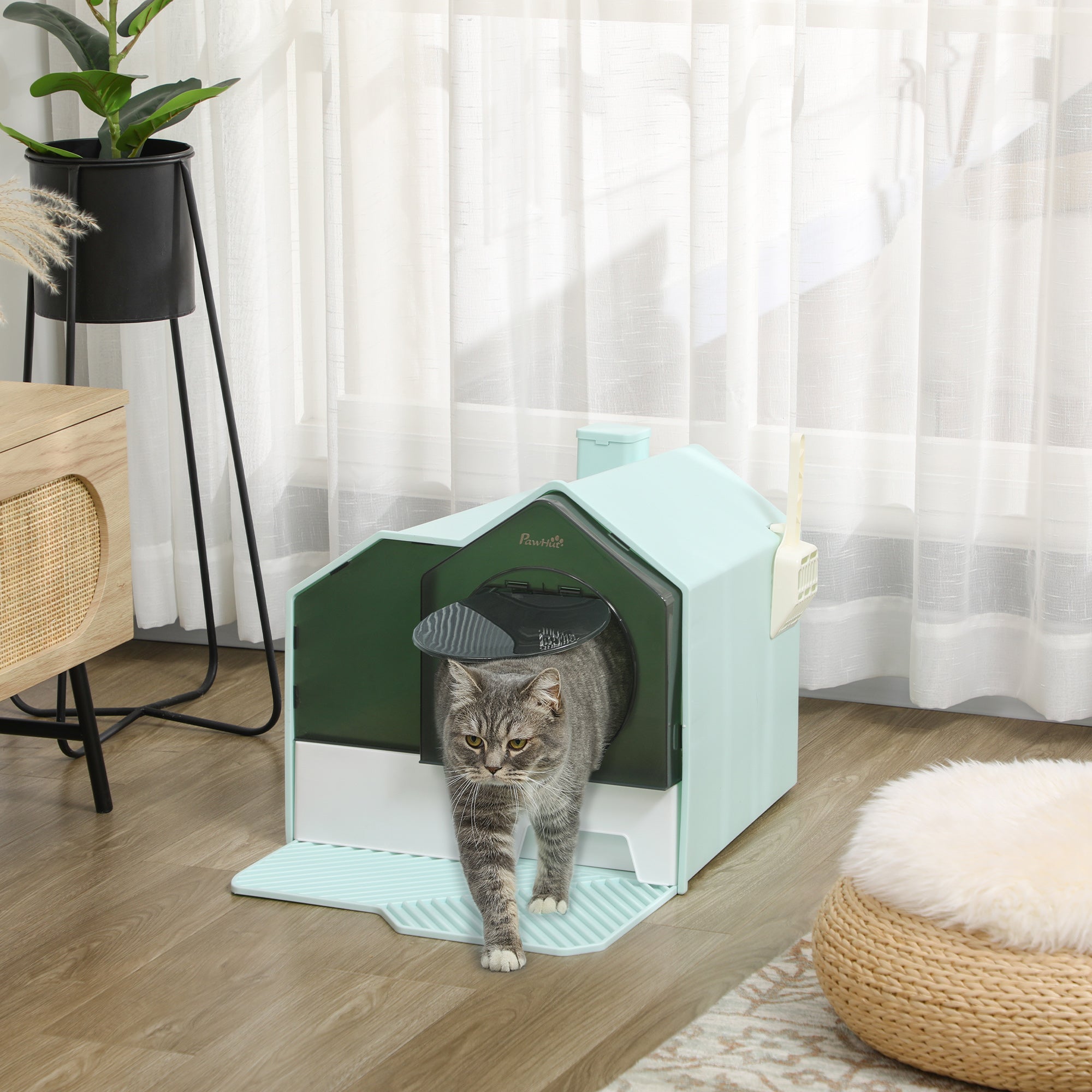 PawHut Hooded Cat Litter Tray with Scoop, Cat Litter Box with Drawer Pan, Handle, Deodorants, Hut Design, Front Entrance, 47 x 45 x 42cm - Light Blue