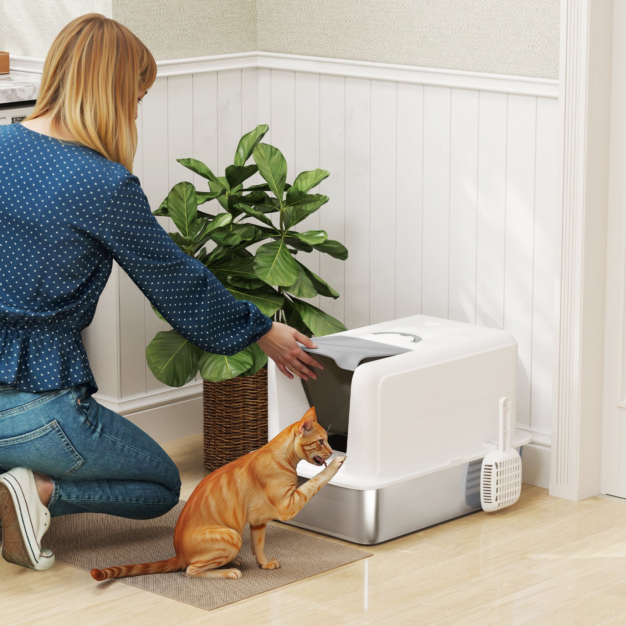 PawHut Stainless Steel Cat Litter Box with Removable Lid, Extra Large Litter Box with Scoop, Metal Litter Box for Small to Large Cats, Easy to Clean, White