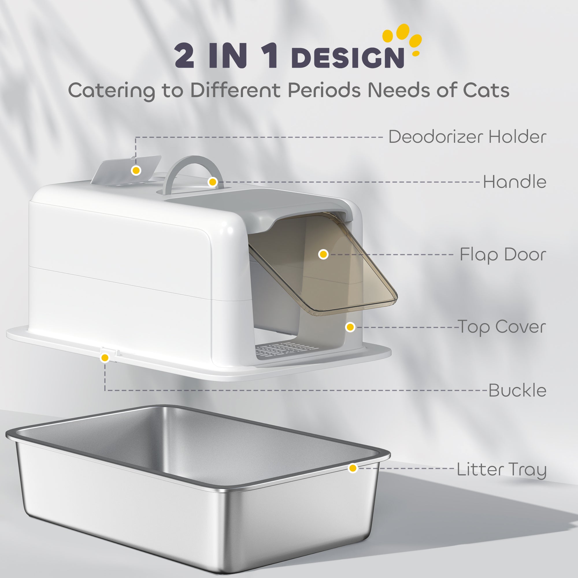 PawHut Stainless Steel Cat Litter Box with Removable Lid, Extra Large Litter Box with Scoop, Metal Litter Box for Small to Large Cats, Easy to Clean, White