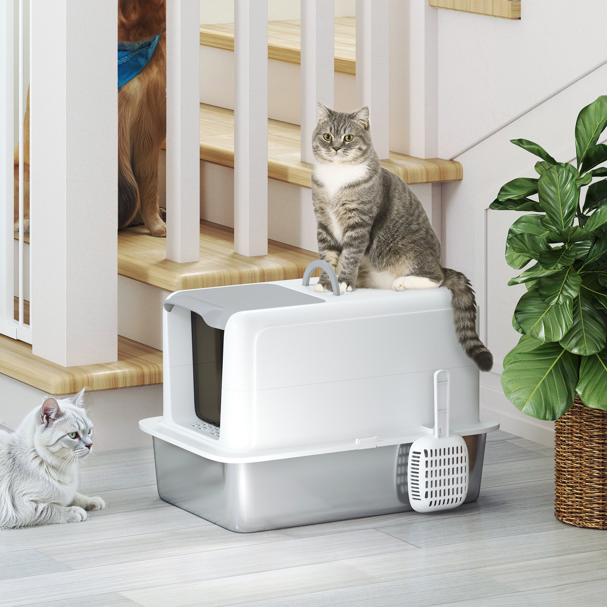 PawHut Stainless Steel Cat Litter Box, Extra Large Metal Cat Litter Tray with Lid, Scoop, Filter Bags, Easy to Clean &  Never Absorbs Odours, White