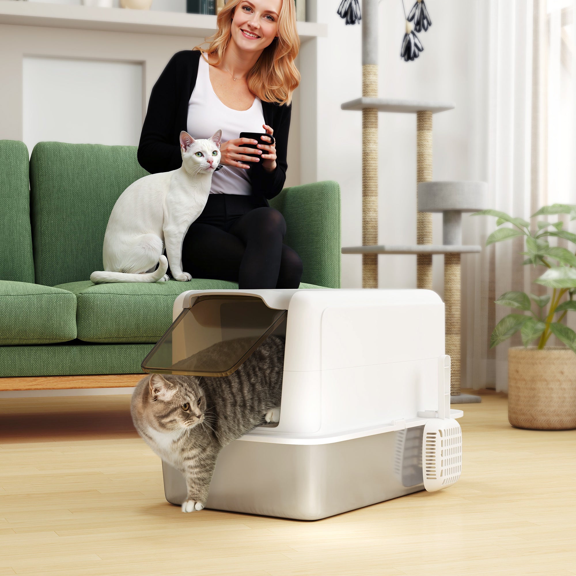 PawHut Stainless Steel Cat Litter Box, Extra Large Metal Cat Litter Tray with Lid, Scoop, Filter Bags, Easy to Clean &  Never Absorbs Odours, White