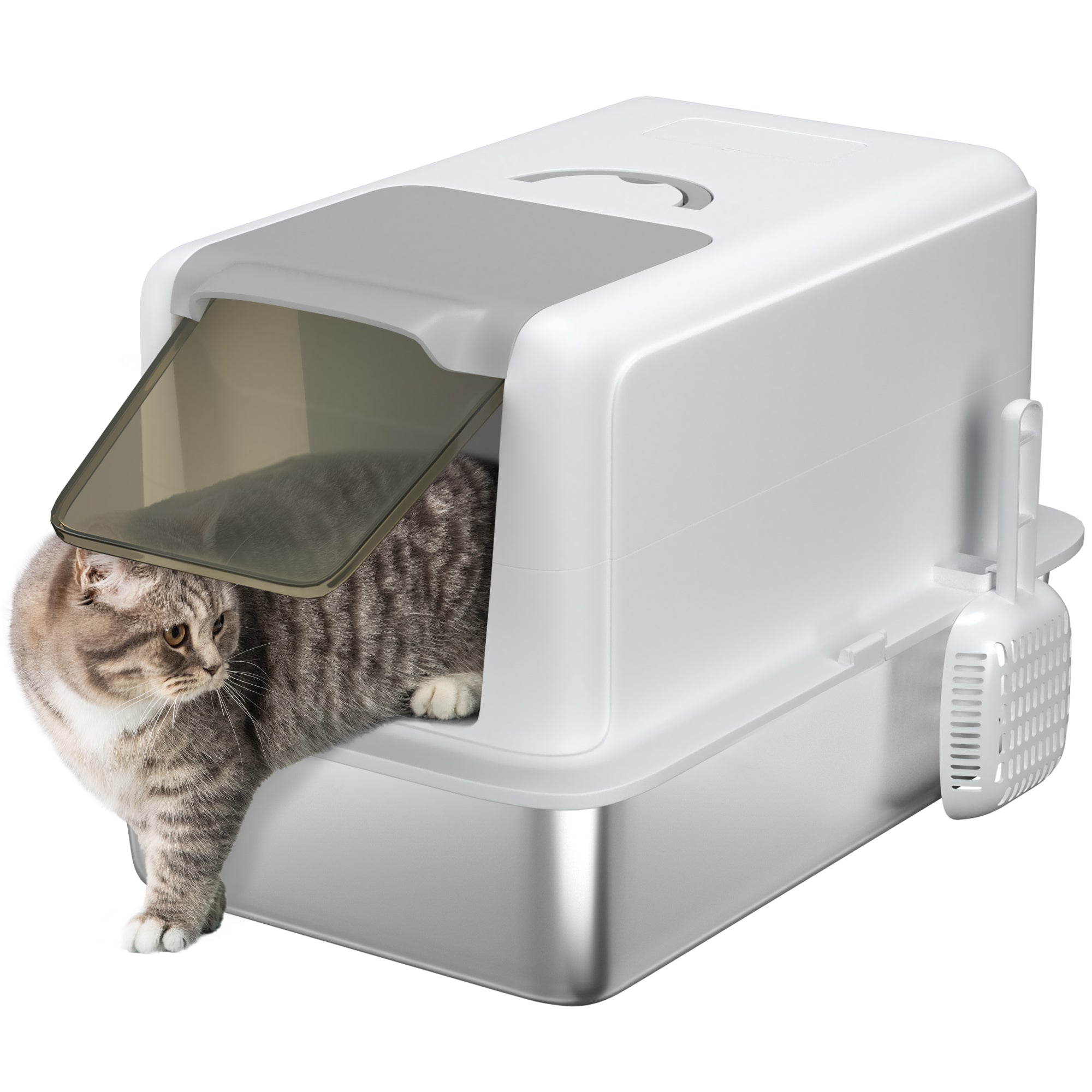 PawHut Stainless Steel Cat Litter Box with Removable Lid, Extra Large Litter Box with Scoop, Metal Litter Box for Small to Large Cats, Easy to Clean, White