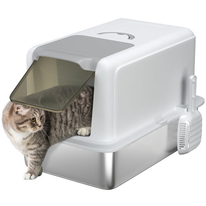 PawHut Stainless Steel Cat Litter Box, Extra Large Metal Cat Litter Tray with Lid, Scoop, Filter Bags, Easy to Clean &  Never Absorbs Odours, White
