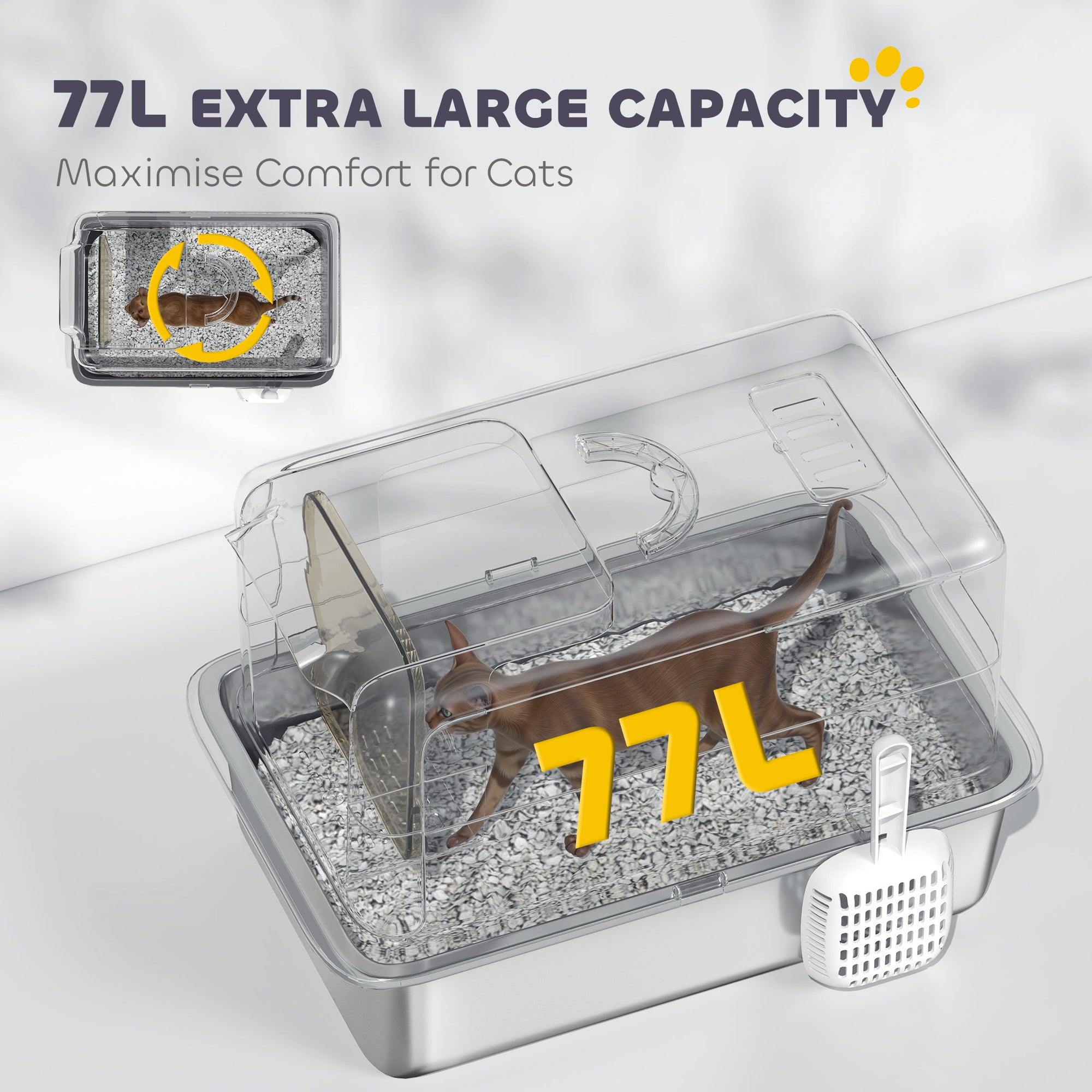 PawHut Stainless Steel Cat Litter Box, Extra Large Metal Cat Litter Tray with Lid, Scoop, Filter Bags, Easy to Clean &  Never Absorbs Odours, White