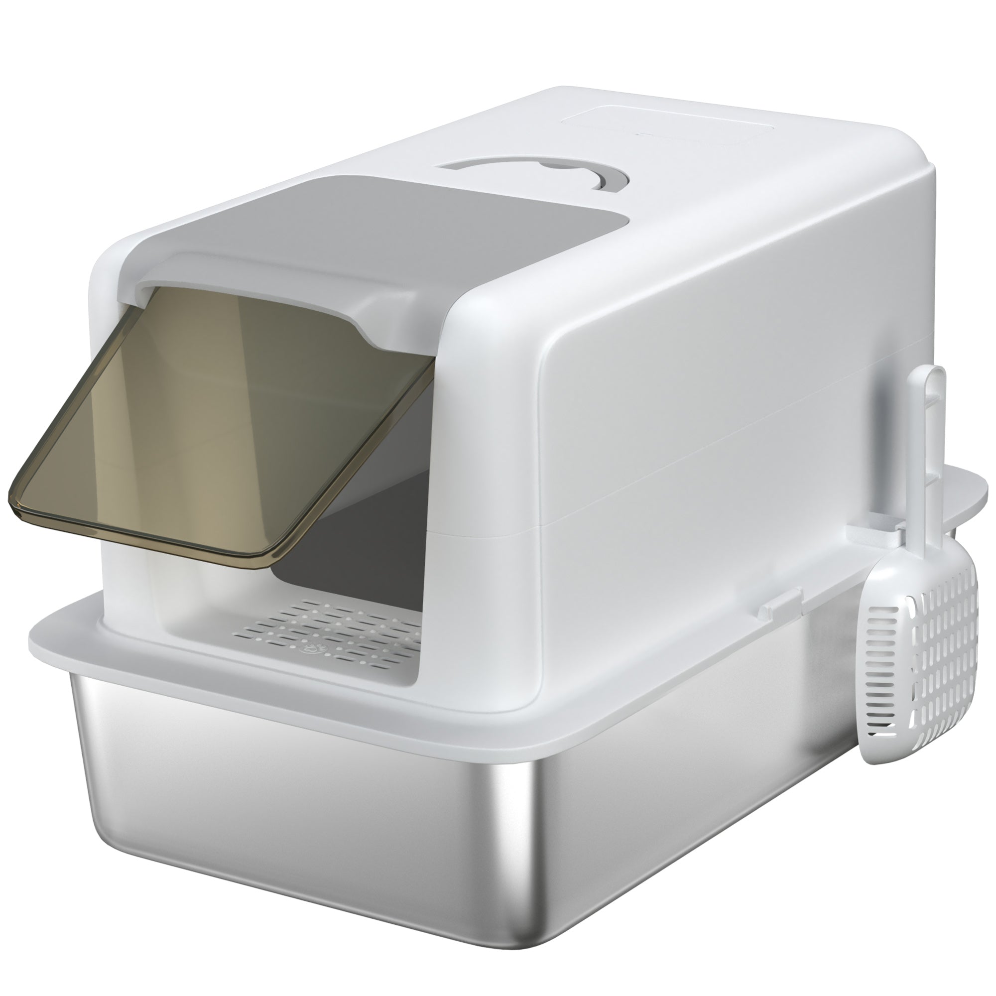 PawHut Stainless Steel Cat Litter Box, Extra Large Metal Cat Litter Tray with Lid, Scoop, Filter Bags, Easy to Clean &  Never Absorbs Odours, White