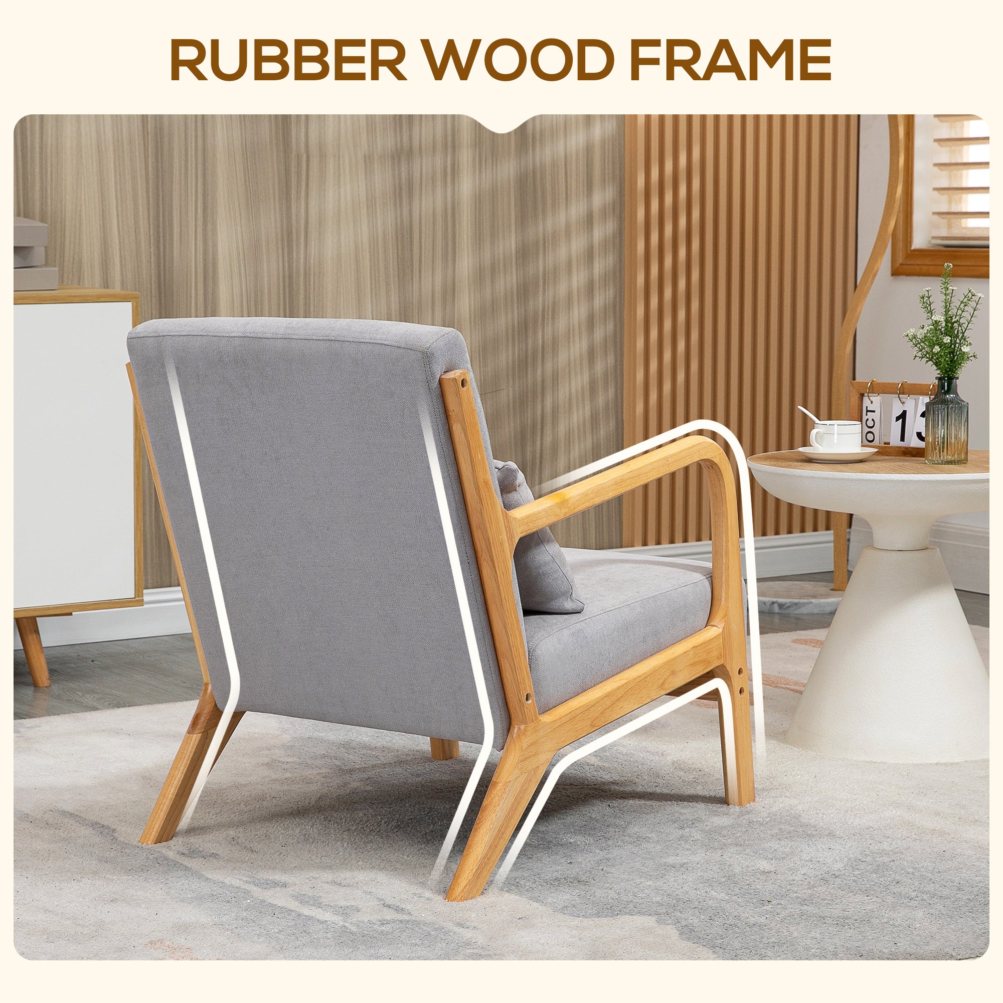 HOMCOM Fabric Accent Chair, Velvet Armchair, Retro Living Room Chair with Wood Legs and Thick Padding for Bedroom, Grey