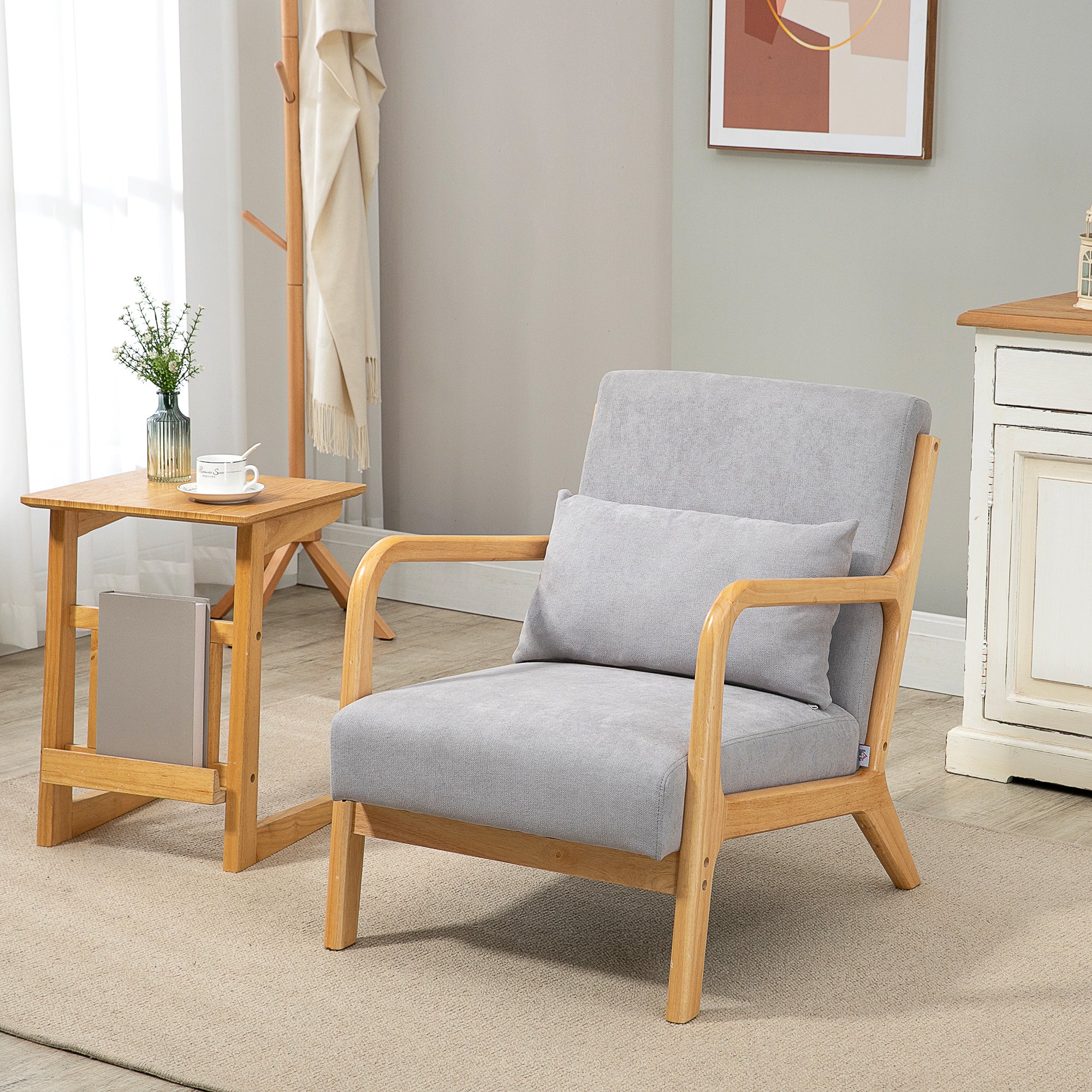 HOMCOM Fabric Accent Chair, Velvet Armchair, Retro Living Room Chair with Wood Legs and Thick Padding for Bedroom, Grey