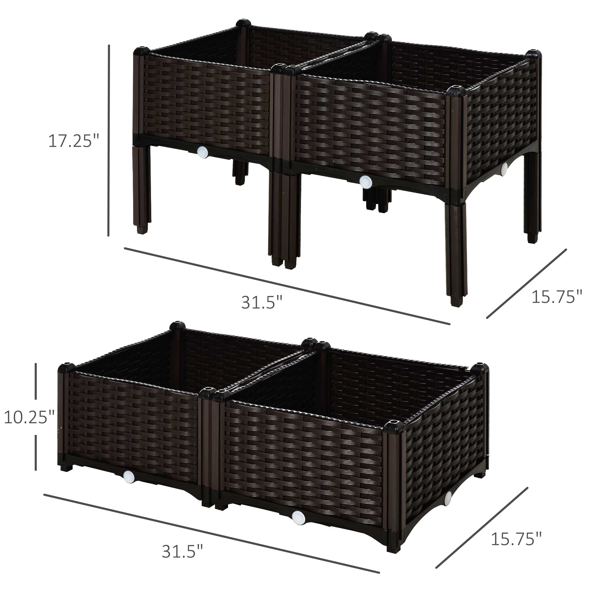 Outsunny 4 Piece Raised Garden Bed PP Raised Flower Bed Vegetable Herb Grow Box Stand Brown