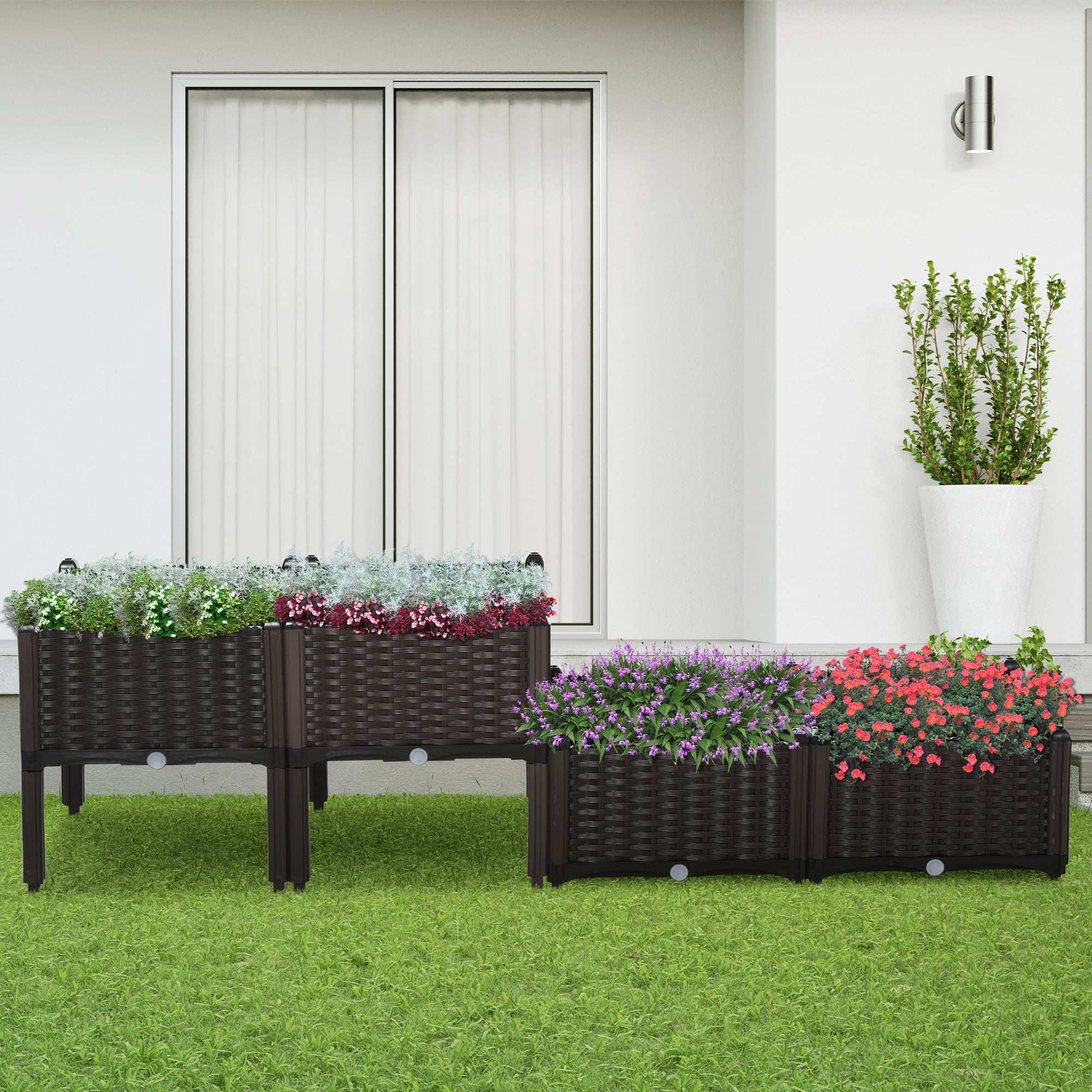 Outsunny 4 Piece Raised Garden Bed PP Raised Flower Bed Vegetable Herb Grow Box Stand Brown