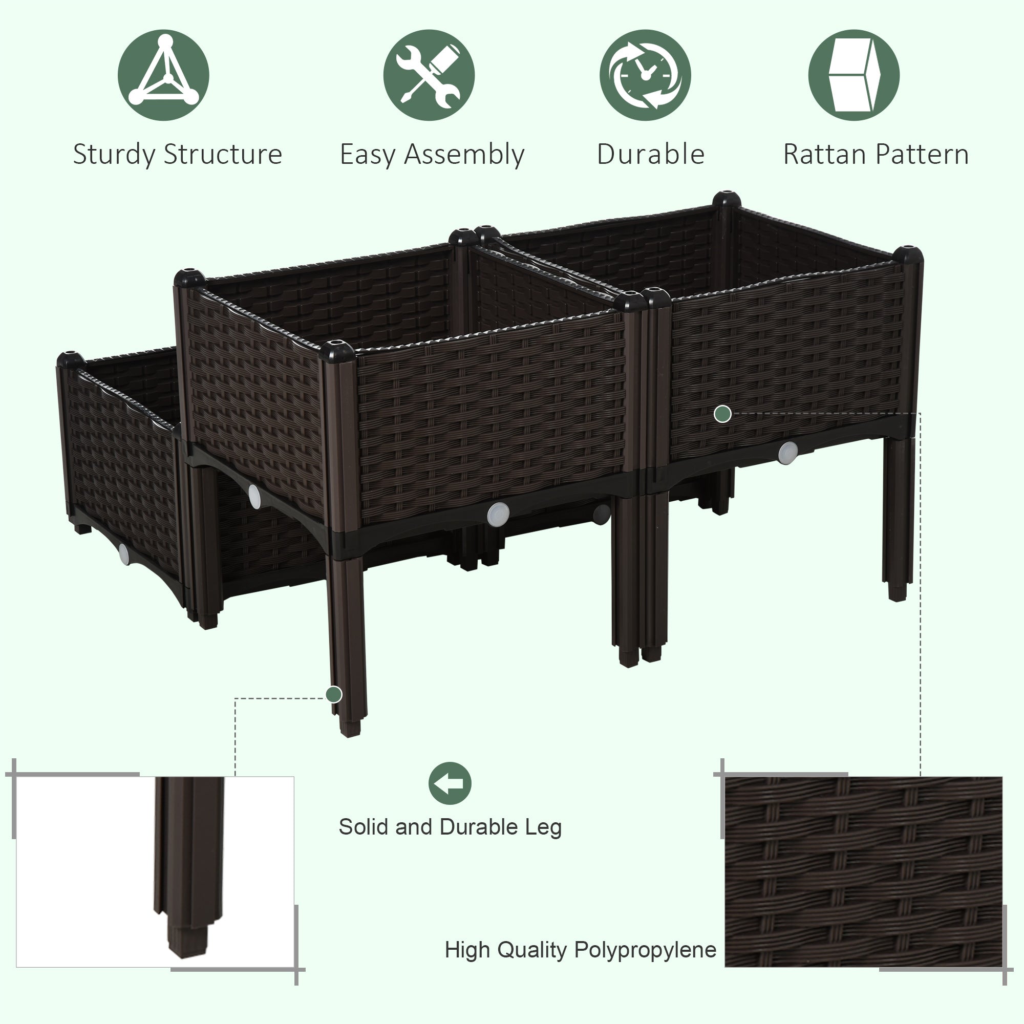 Outsunny 4 Piece Raised Garden Bed PP Raised Flower Bed Vegetable Herb Grow Box Stand Brown